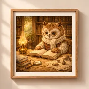 Owl Librarian Printable Wall Art in wooden frame, cozy woodland nursery decor, owl reading illustration Quiet Woodland