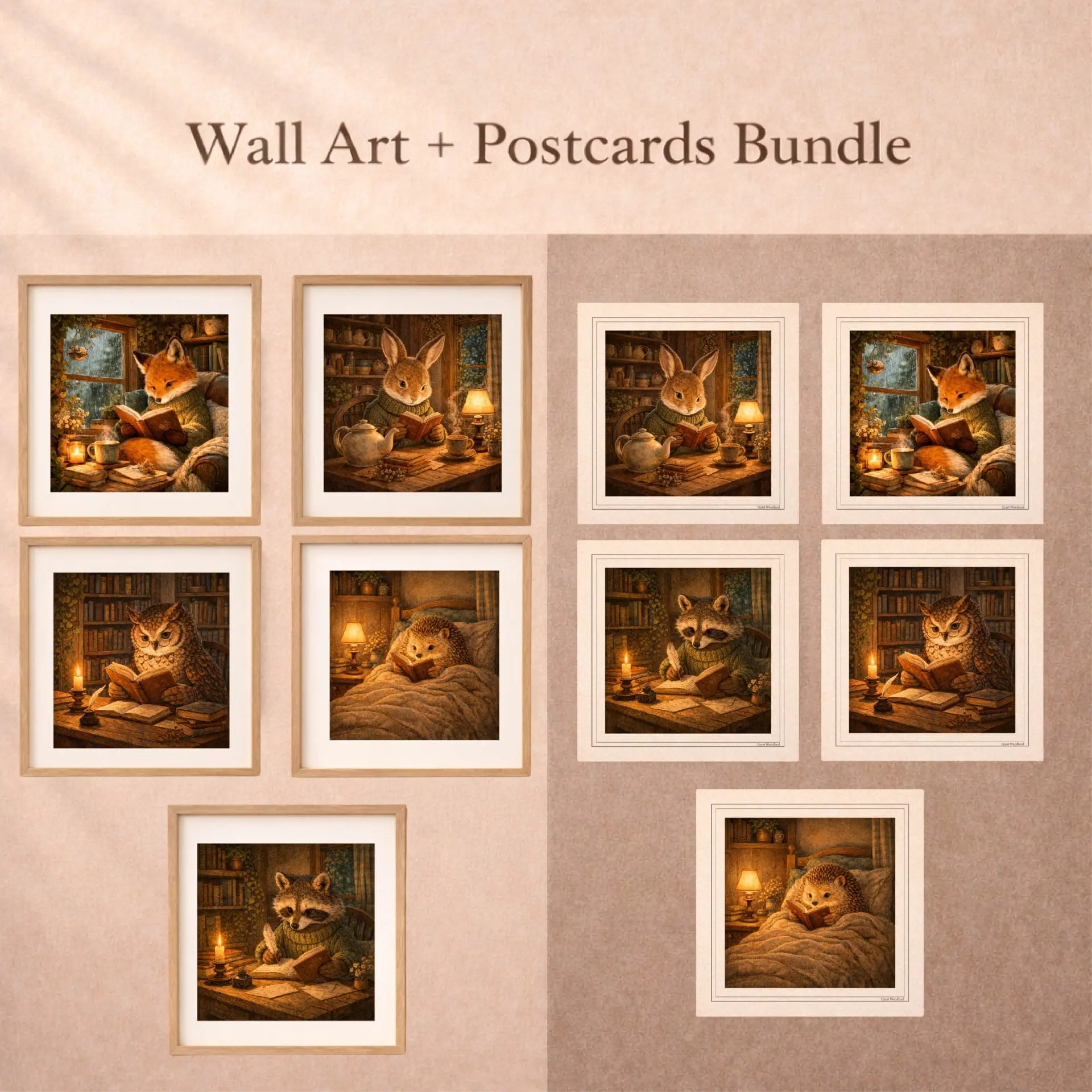 Woodland Animal Printable Wall Art and Postcards Bundle 1 Woodland Animal Printable Wall Art and Postcards Bundle cozy cottagecore nursery decor fox owl bunny raccoon hedgehog