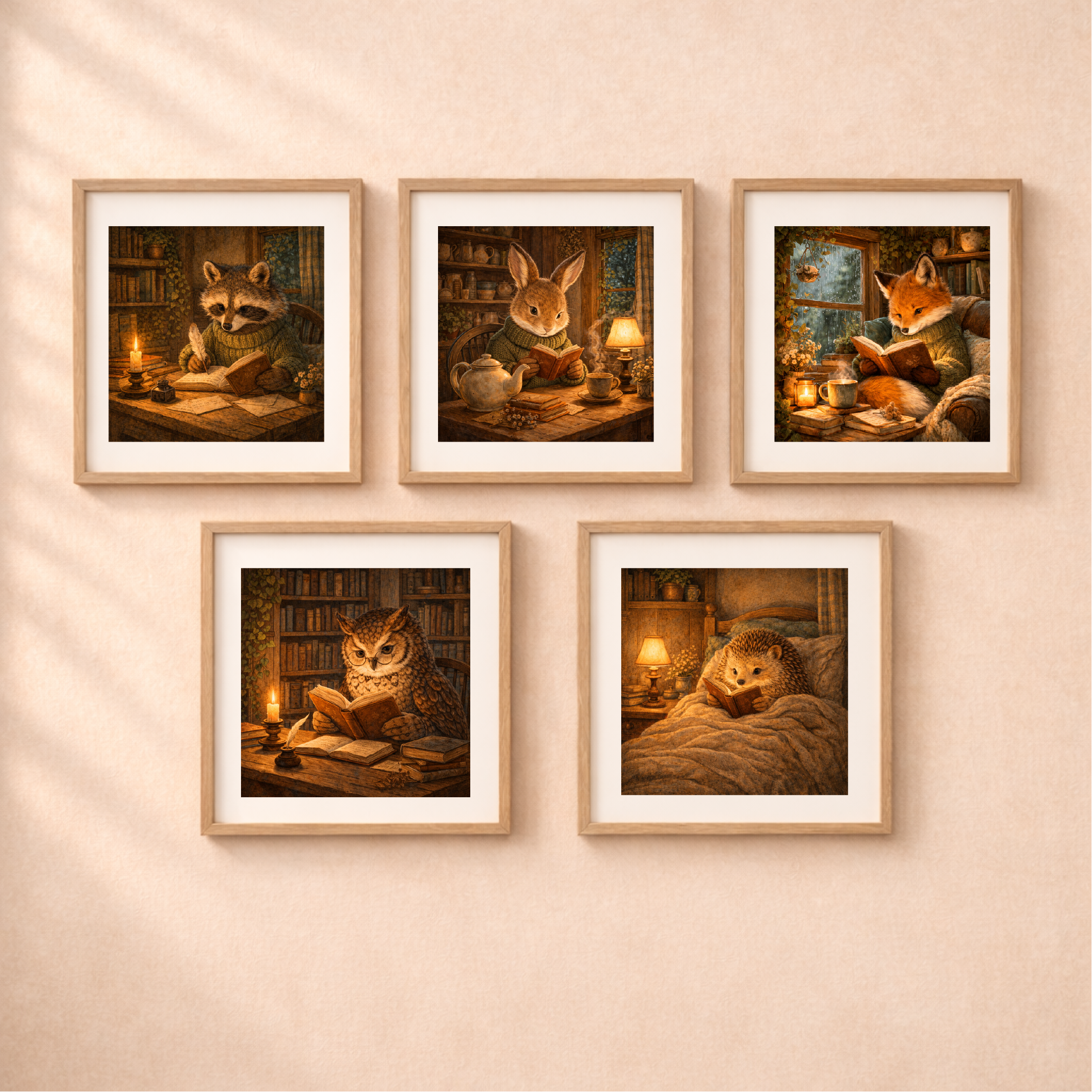 Woodland Animal Printable Wall Art and Postcards Bundle 2 Woodland Animal Printable Wall Art set cottagecore reading decor fox owl bunny hedgehog raccoon