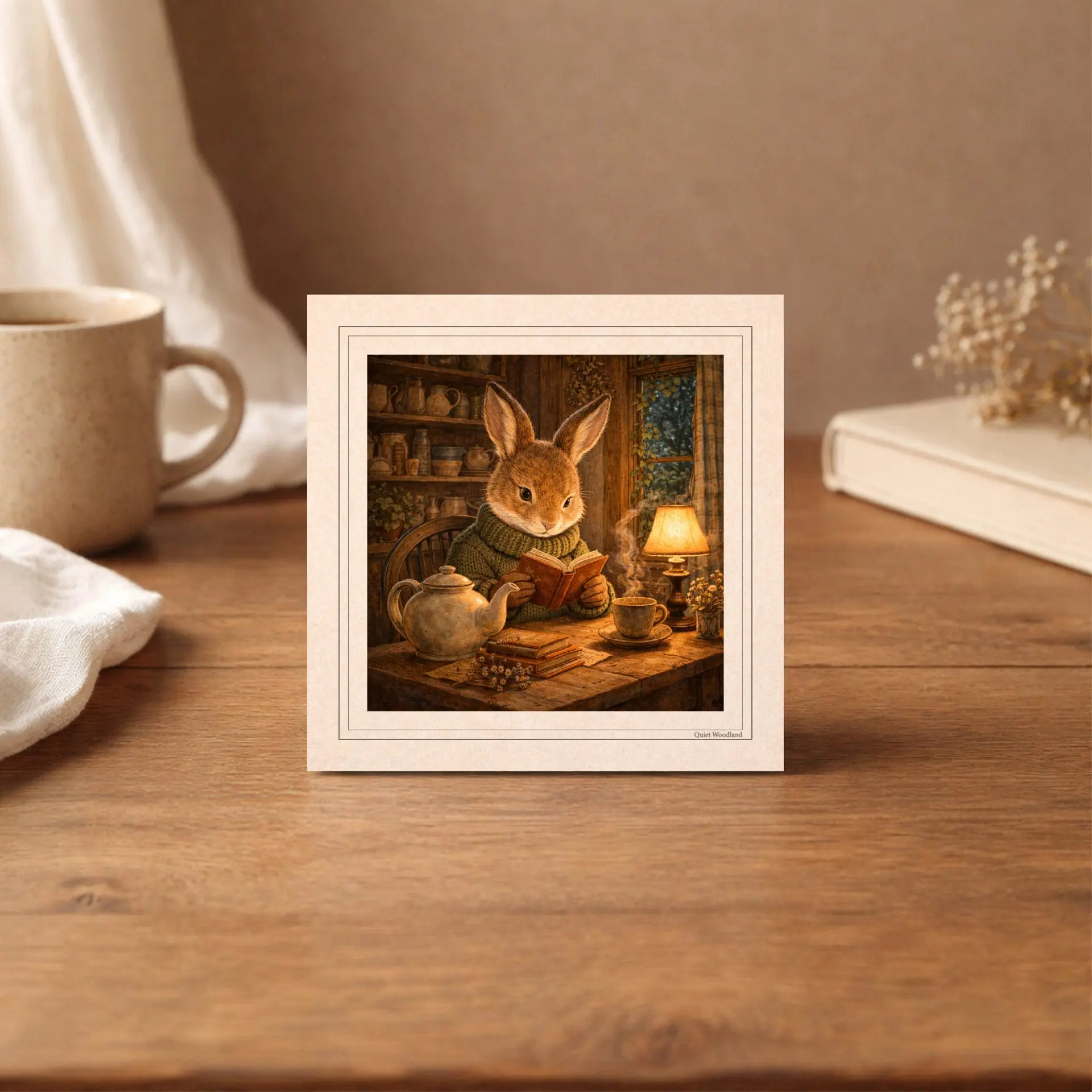Woodland Animal Printable Wall Art and Postcards Bundle 4 Printable woodland bunny postcard cozy cottagecore reading illustration