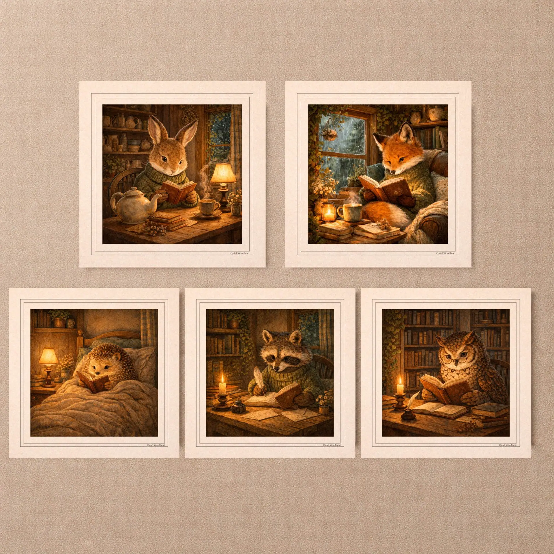 Woodland Animal Printable Wall Art and Postcards Bundle 3 Woodland Animal Printable Postcards set cottagecore fox owl bunny hedgehog raccoon