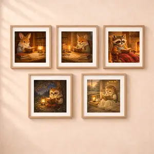 woodland reading animals wall art set fox owl rabbit raccoon hedgehog