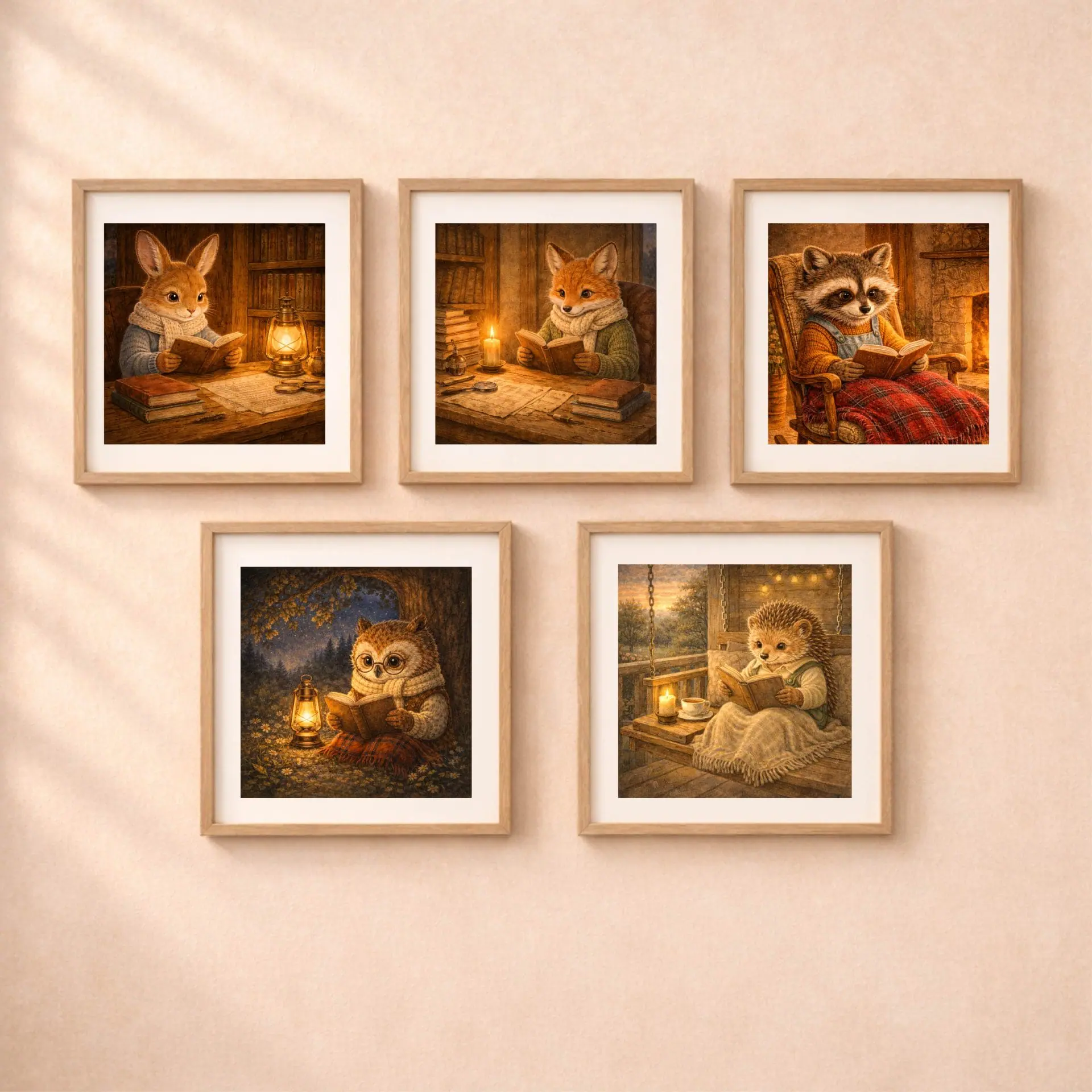 Woodland Animal Reading Wall Art Set Nursery Printable Decor 1 woodland reading animals wall art set fox owl rabbit raccoon hedgehog
