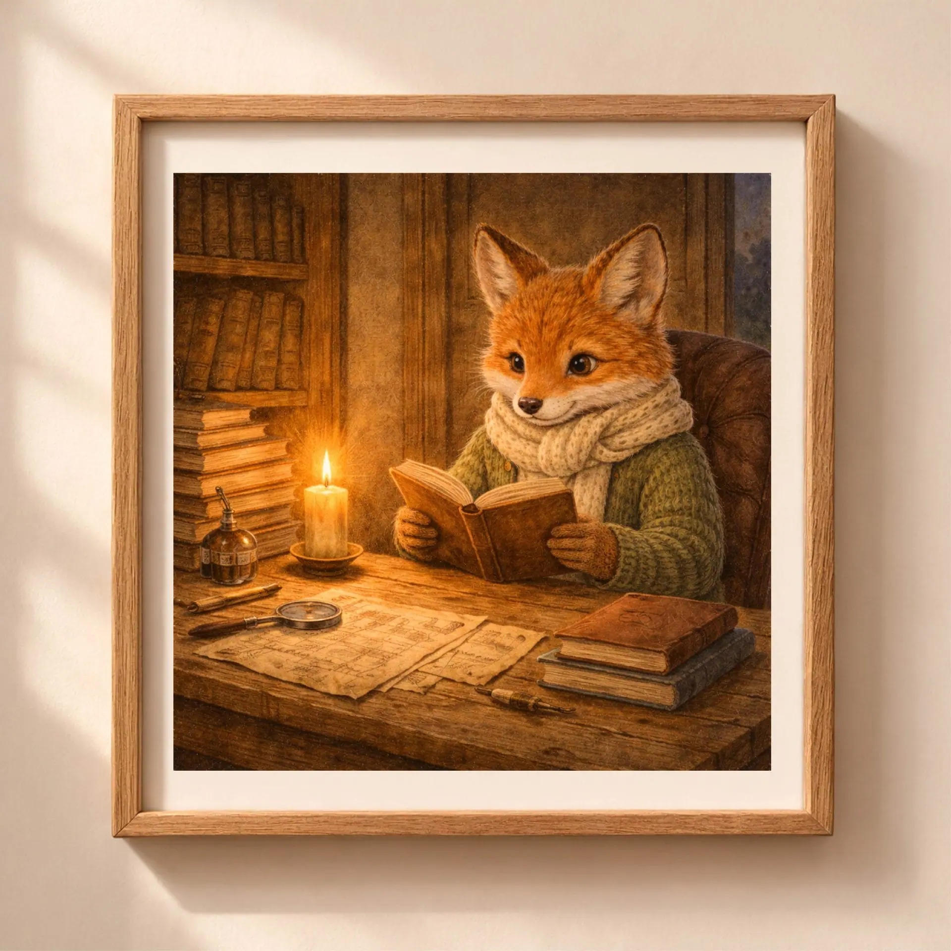 Woodland Fox Reading Printable Wall Art Nursery Decor 1 Woodland Fox Reading Printable Wall Art in wooden frame, cozy nursery decor, fox reading by candlelight illustration Quiet Woodland