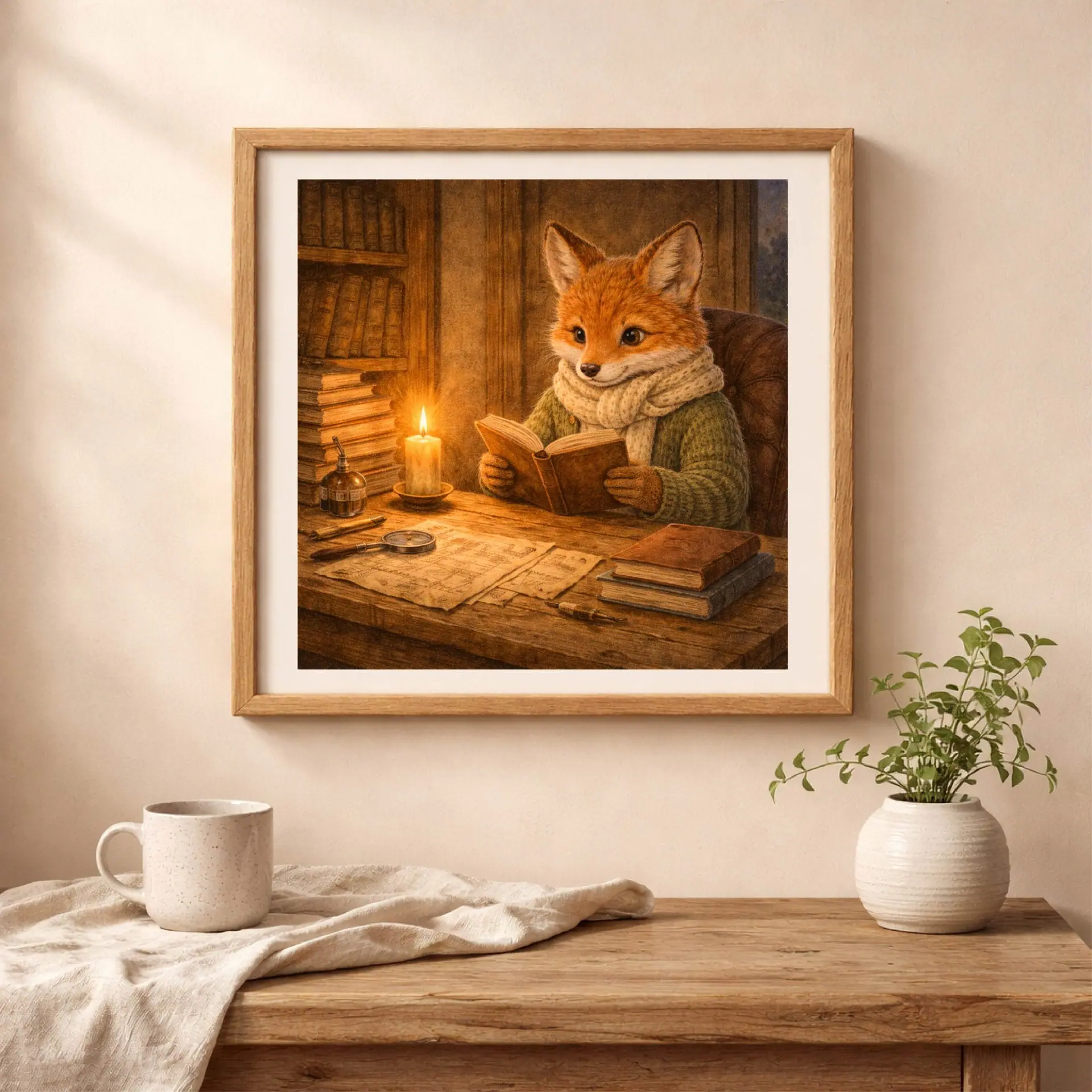 Woodland Animal Reading Wall Art Set Nursery Printable Decor 2 fox reading wall art above wooden table with plant, woodland nursery decor printable