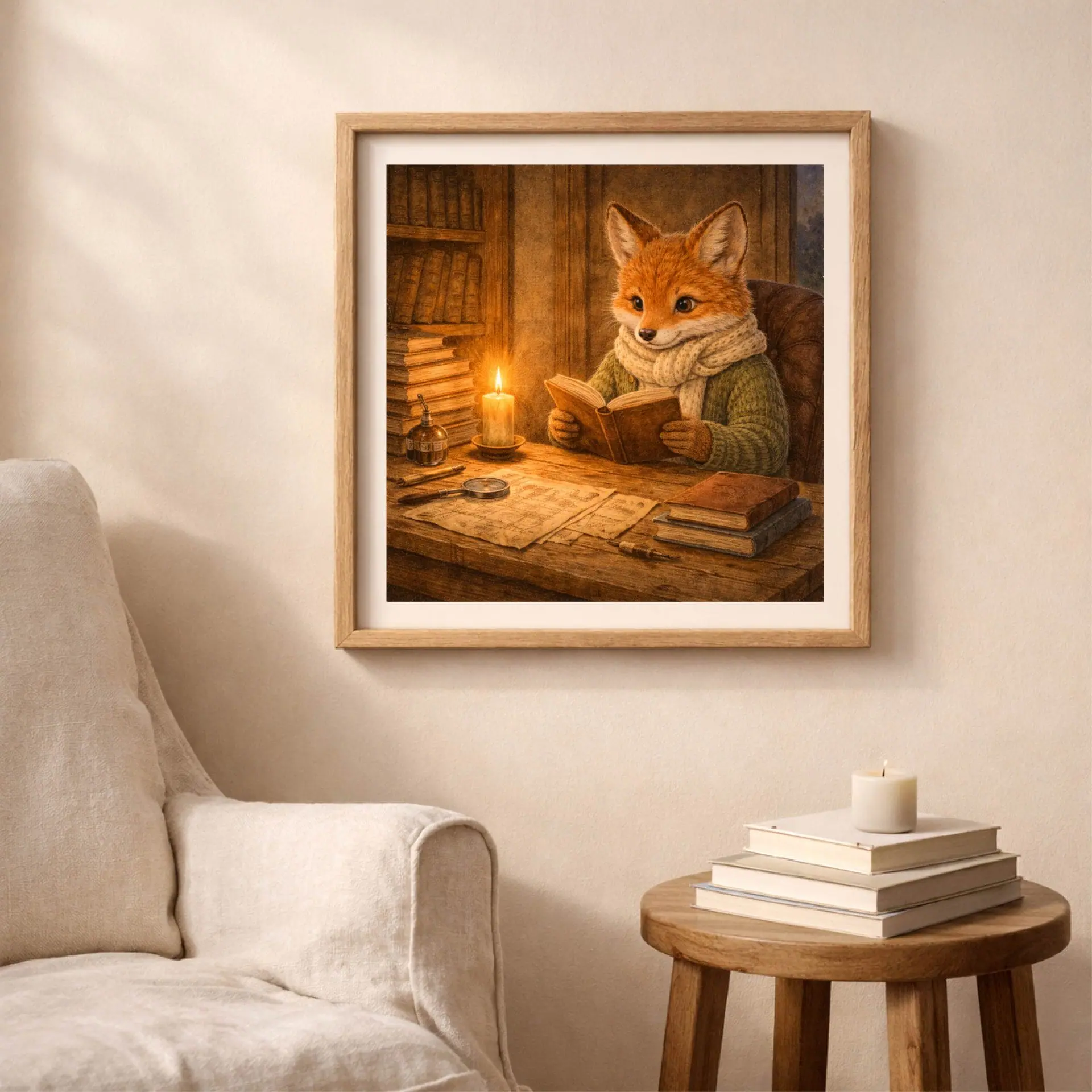 Woodland Fox Reading Printable Wall Art Nursery Decor 3 fox reading printable wall art above chair and books, cozy reading nook decor