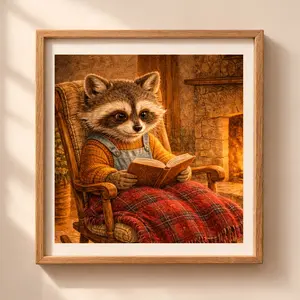 Woodland raccoon reading printable wall art cozy cottagecore nursery decor illustration by fireplace