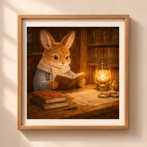 Woodland rabbit reading printable wall art cozy nursery decor Quiet Woodland illustration