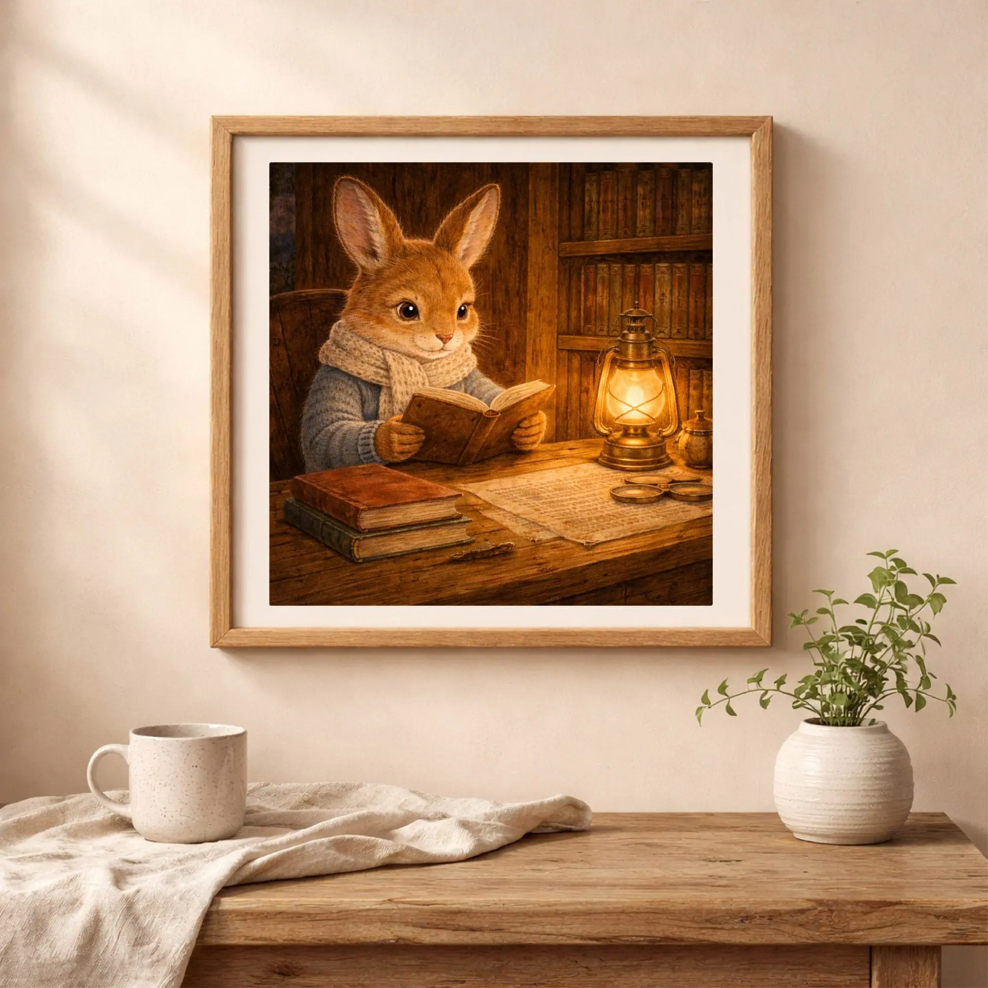 Woodland Animal Reading Wall Art Set Nursery Printable Decor 4 Woodland rabbit reading wall art nursery decor cozy cottagecore interior mockup