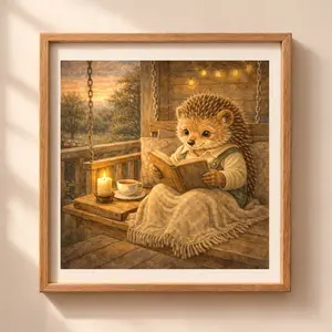 Woodland hedgehog reading printable wall art cozy cottagecore nursery decor illustration