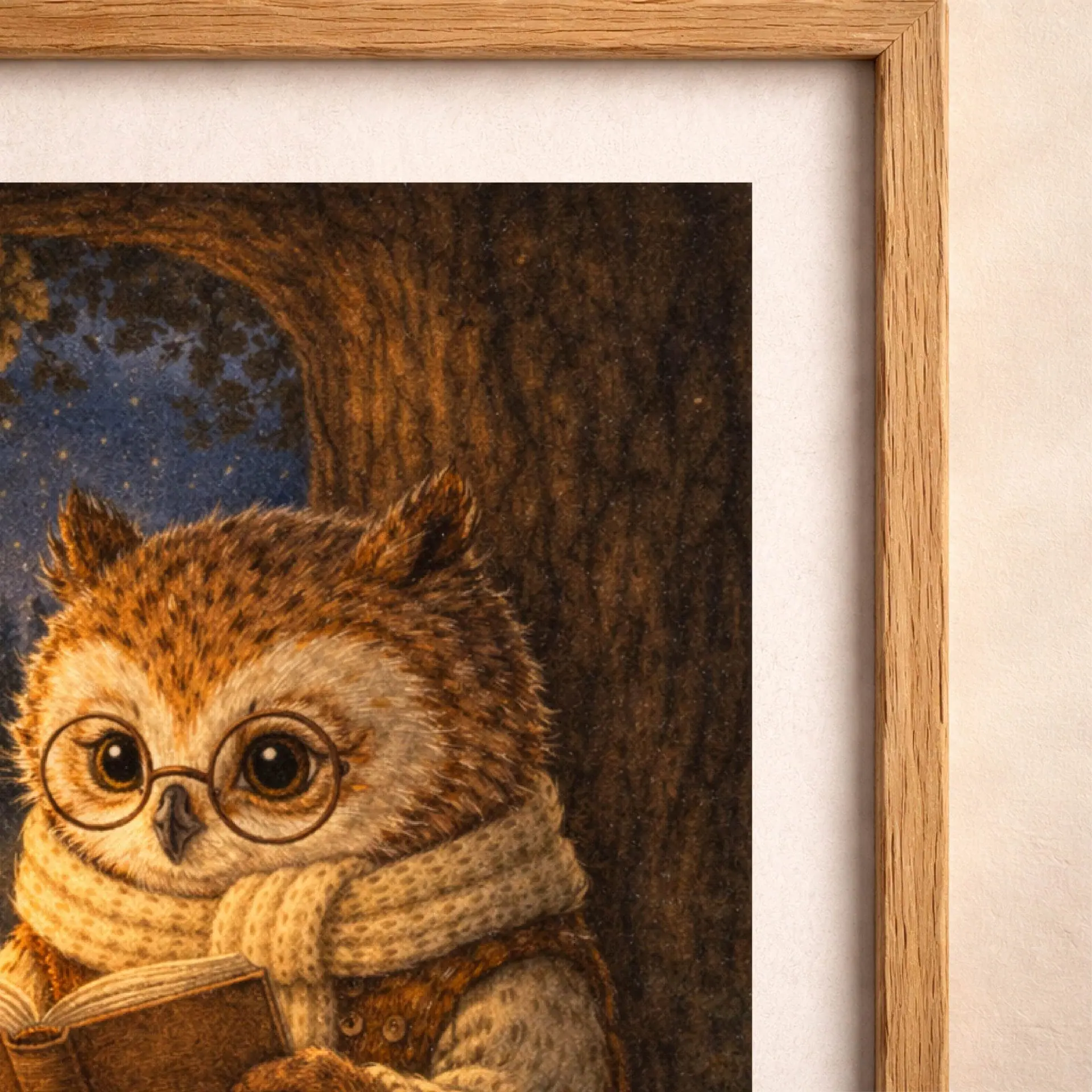 Woodland Owl Reading Printable Wall Art Cozy Nursery Decor 4 close up woodland owl reading illustration lantern light detailed cozy cottagecore animal art