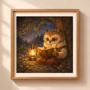 Woodland owl reading printable wall art cozy cottagecore nursery decor illustration with lantern light forest night scene