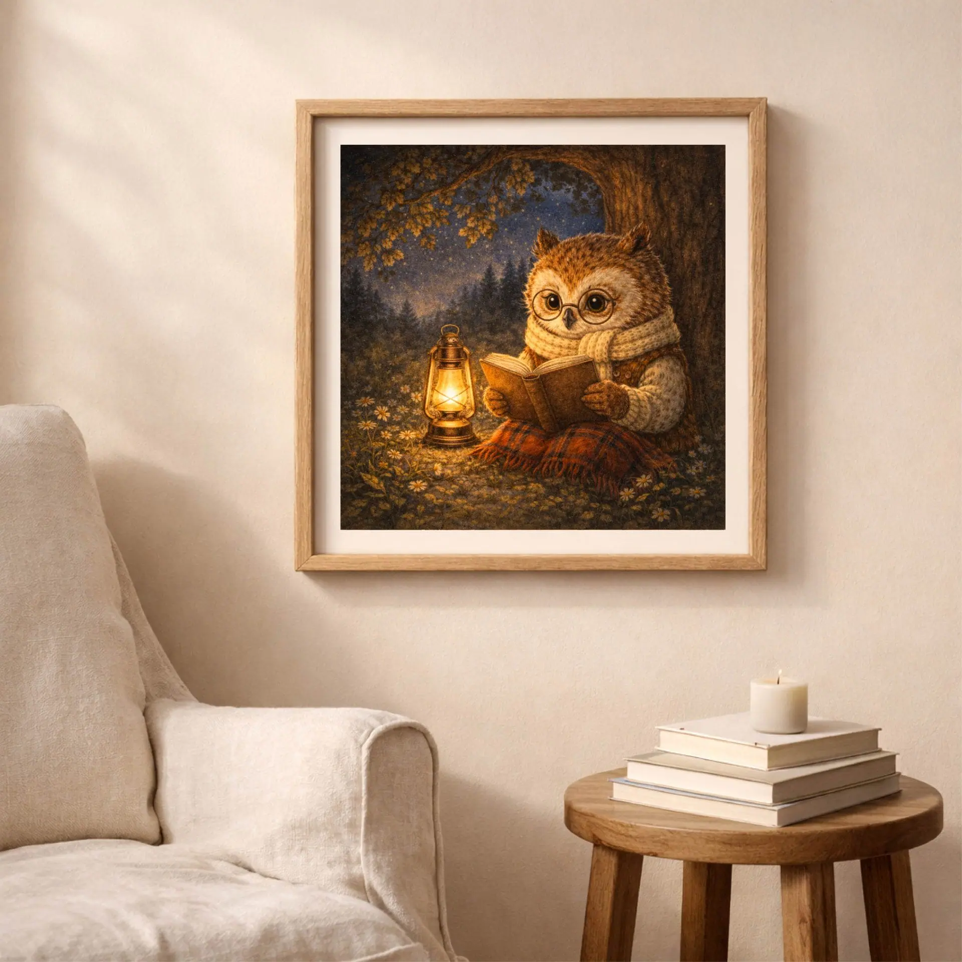 Woodland Owl Reading Printable Wall Art Cozy Nursery Decor 3 cozy woodland owl reading printable wall art in living room cottagecore decor warm interior illustration