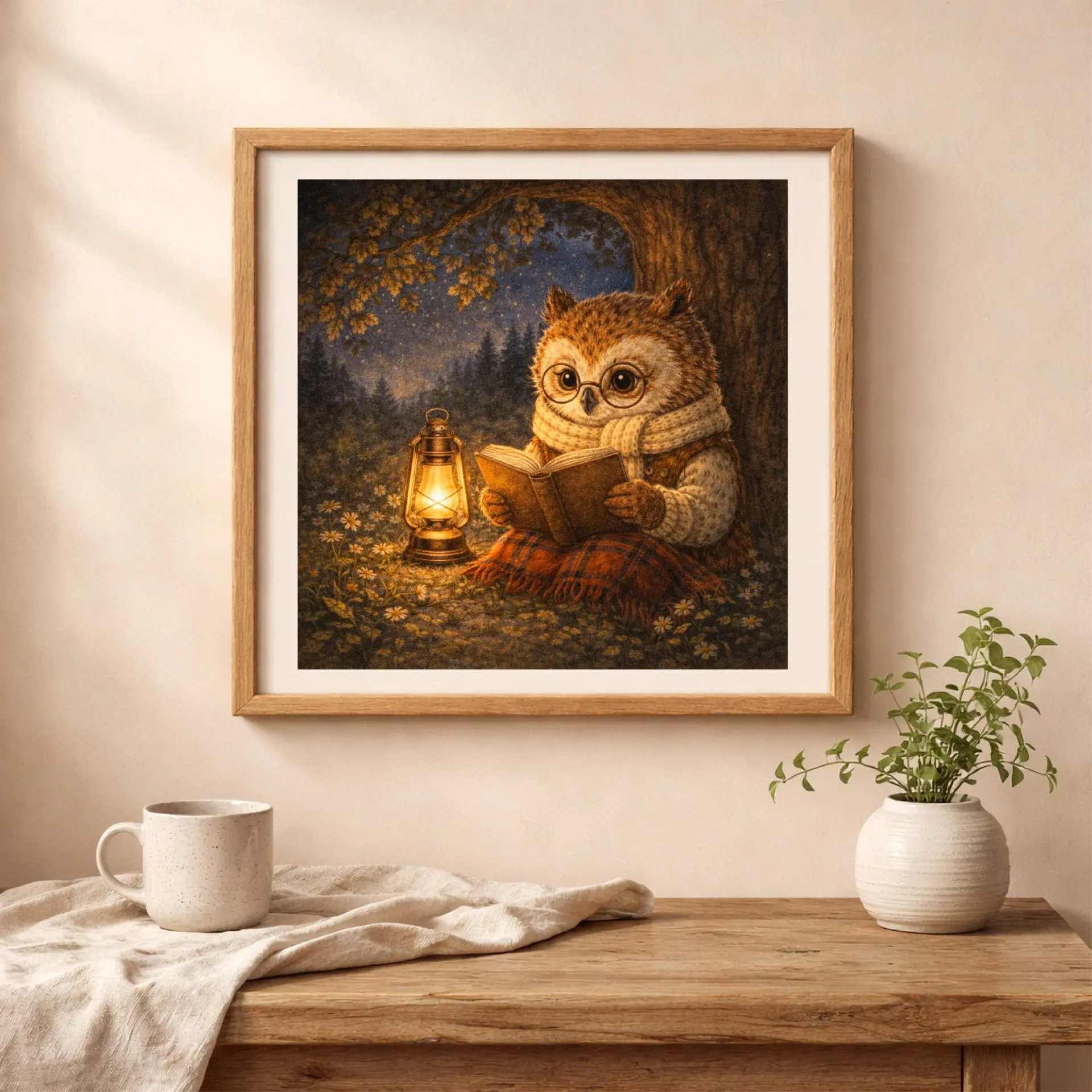 Woodland Owl Reading Printable Wall Art Cozy Nursery Decor 2 woodland owl reading printable wall art nursery decor cozy wall art framed owl illustration above wooden table