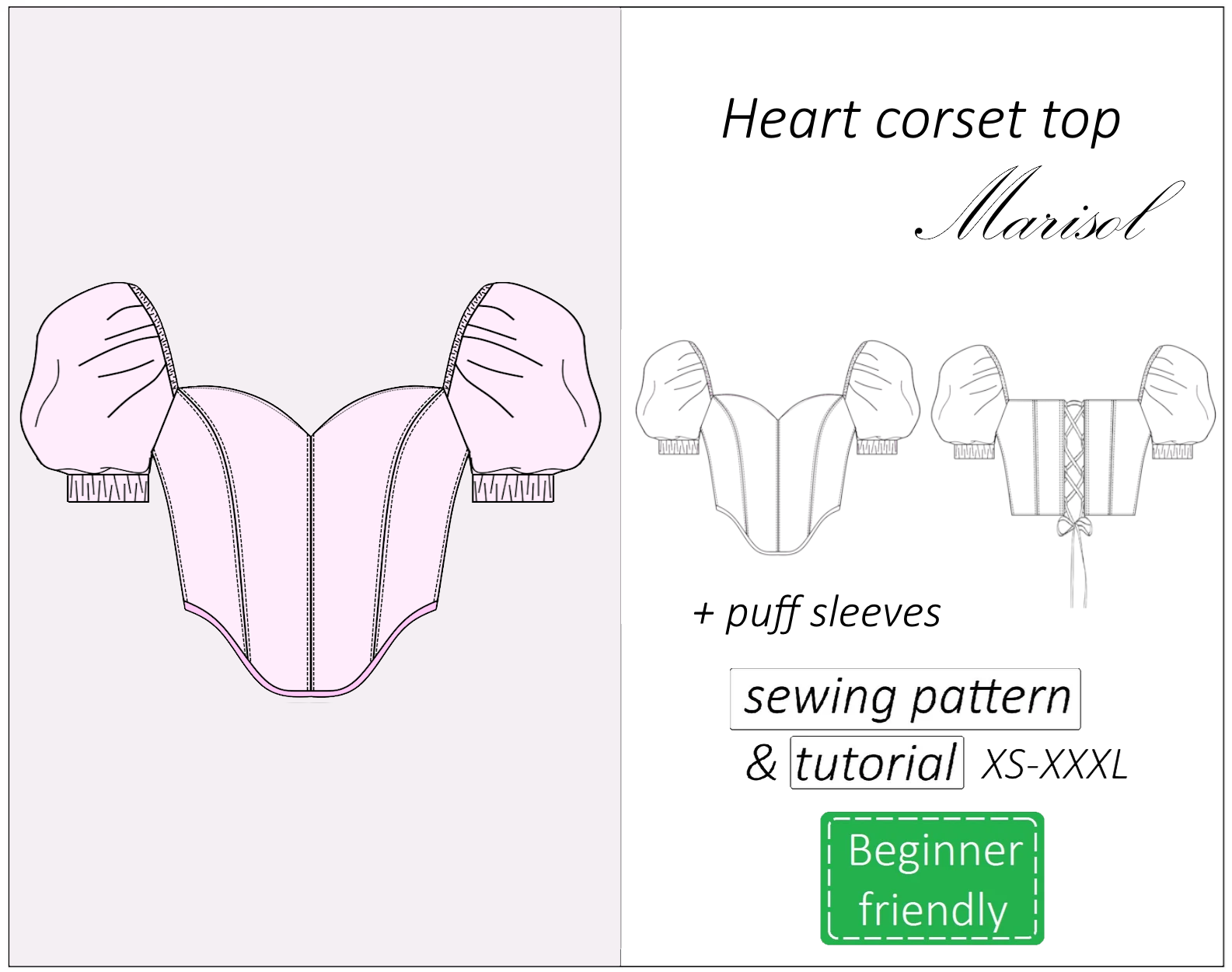 Heart corser top sewing pattern PDF Marisol + detailed tutorial 1 heart corset top with puff sleeves sewing pattern and detailed tutorial