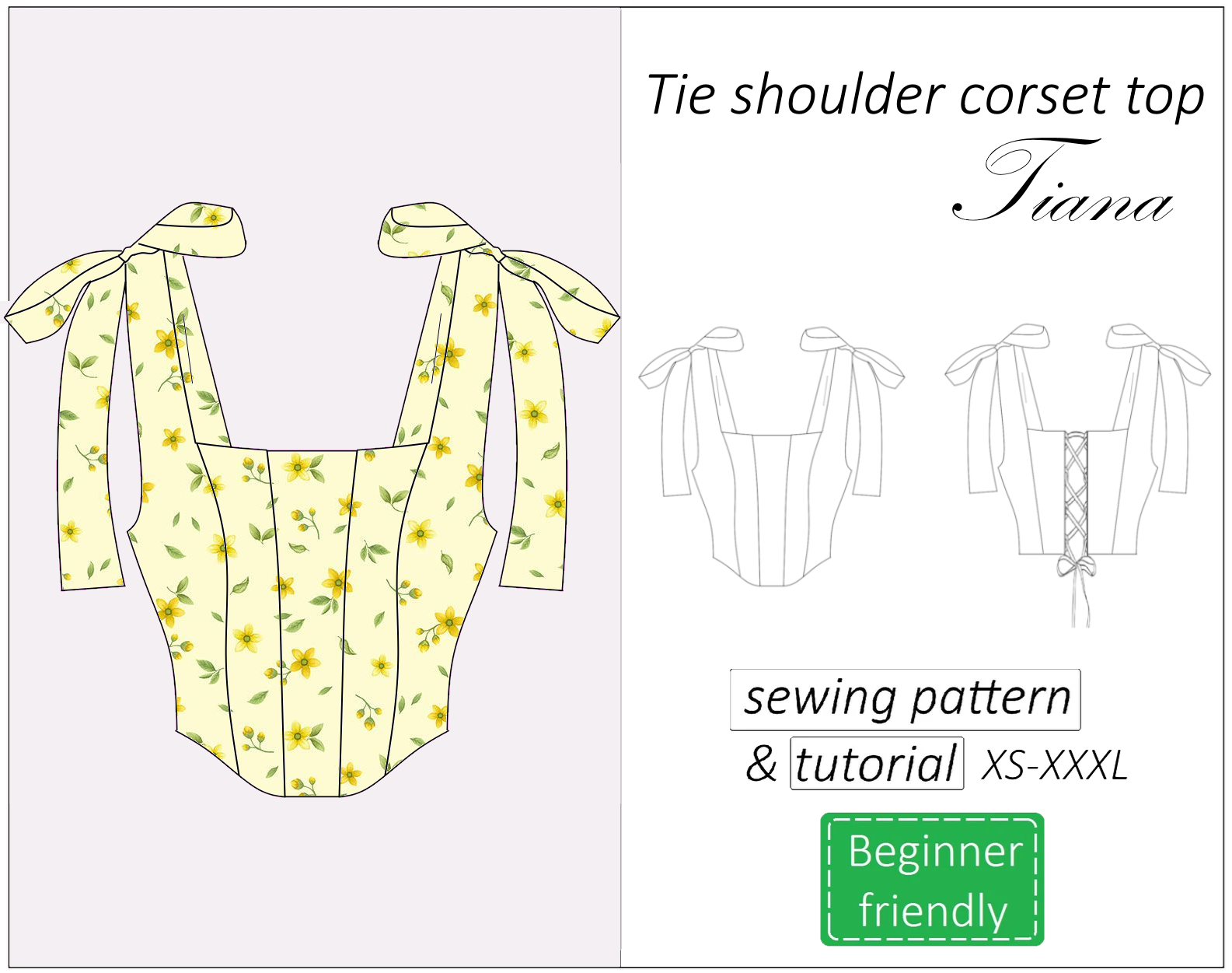 Shoulder tie corset sewing pattern PDF Tiana + detailed tutorial 1 tie shoulder corset top sewing pattern and tutorail