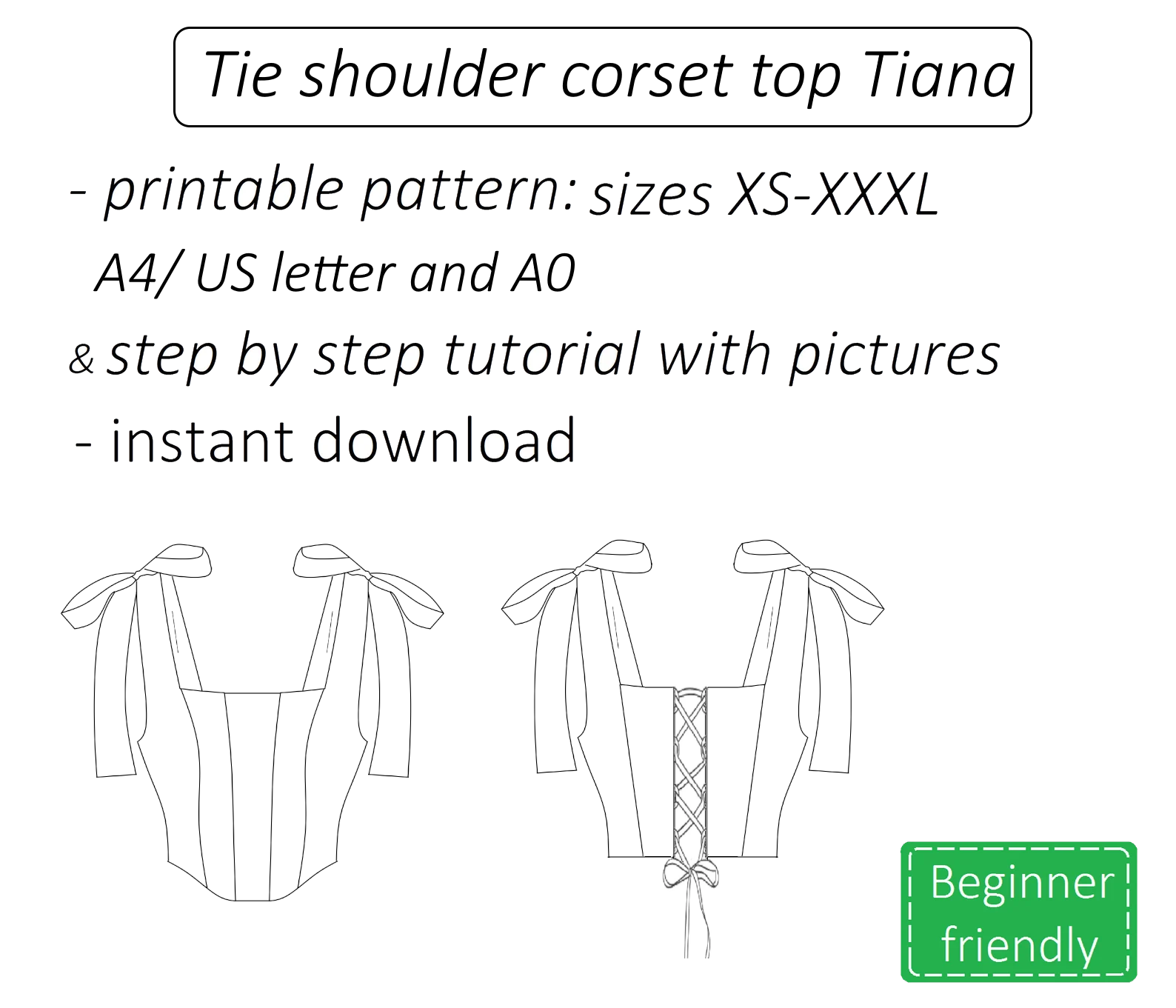 Shoulder tie corset sewing pattern PDF Tiana + detailed tutorial 2 tie shoulder corset top pattern
