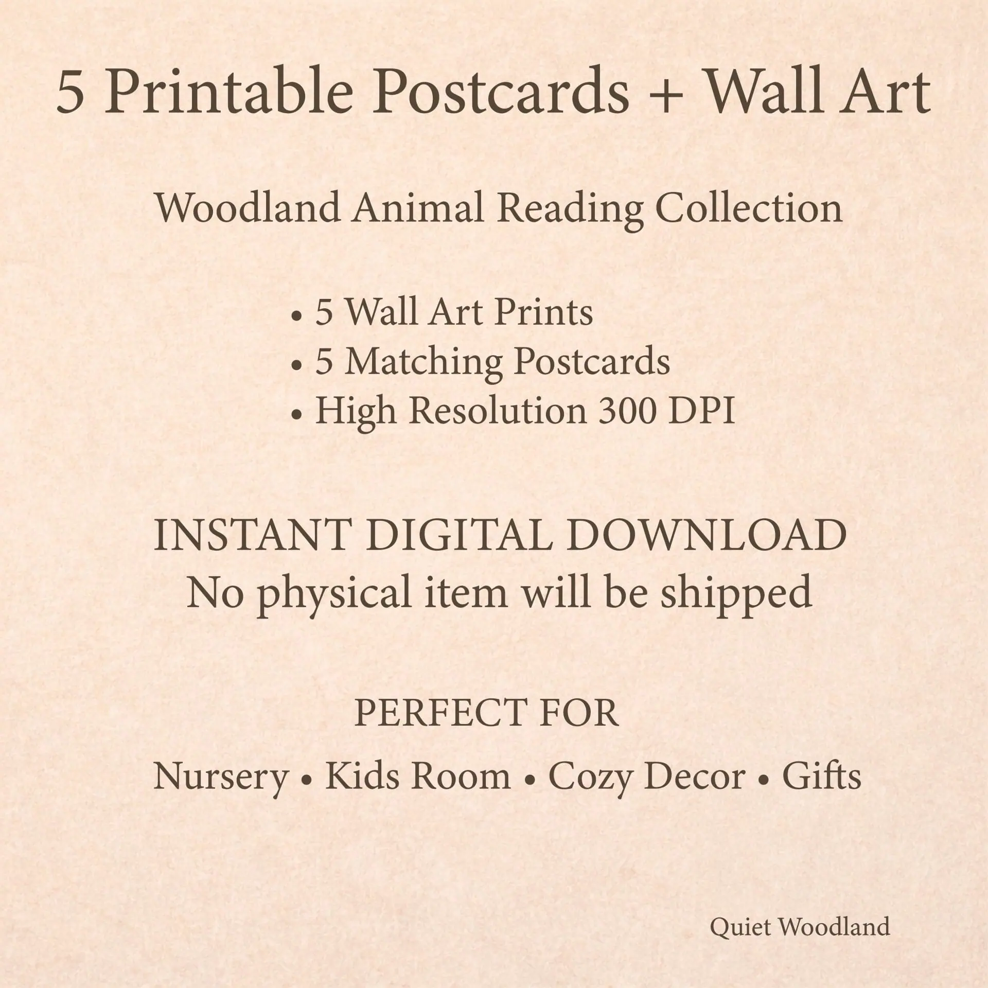 Woodland Easter Printable Wall Art Set and Postcards Bundle 6 Woodland Easter printable wall art and postcards bundle details digital download information