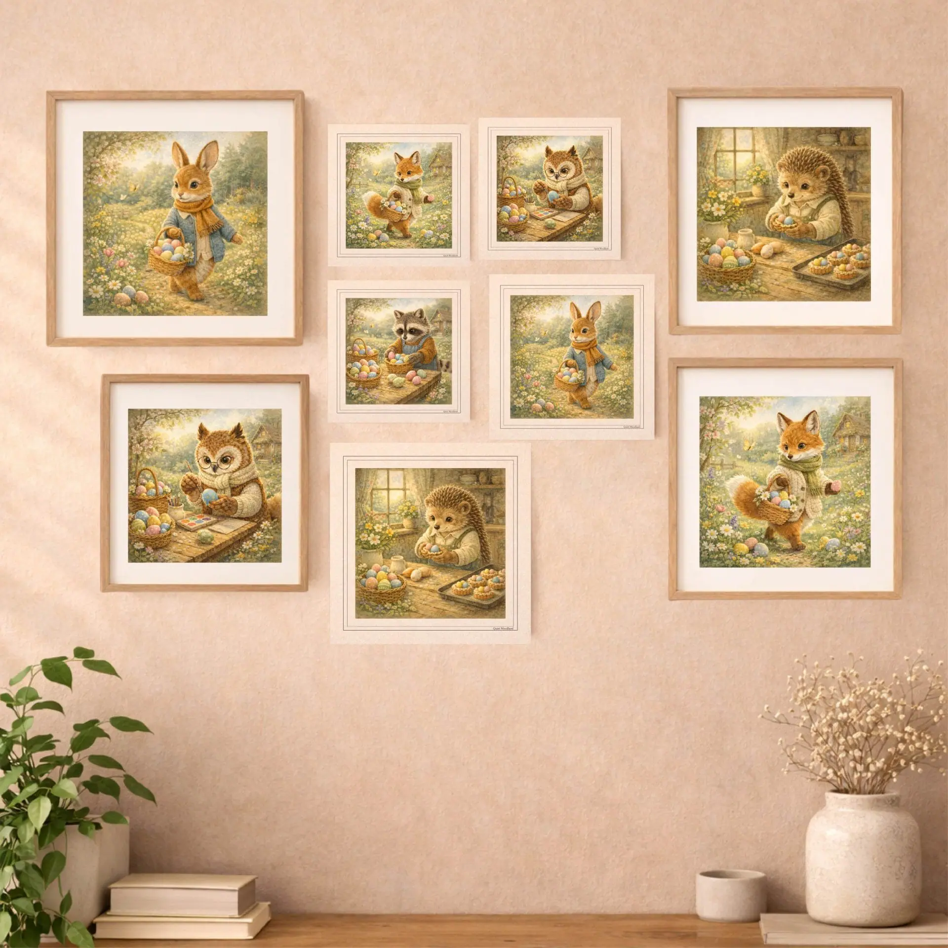 Woodland Easter Printable Wall Art Set and Postcards Bundle 5 Woodland Easter wall art and postcards bundle mockup cottagecore nursery decor animals