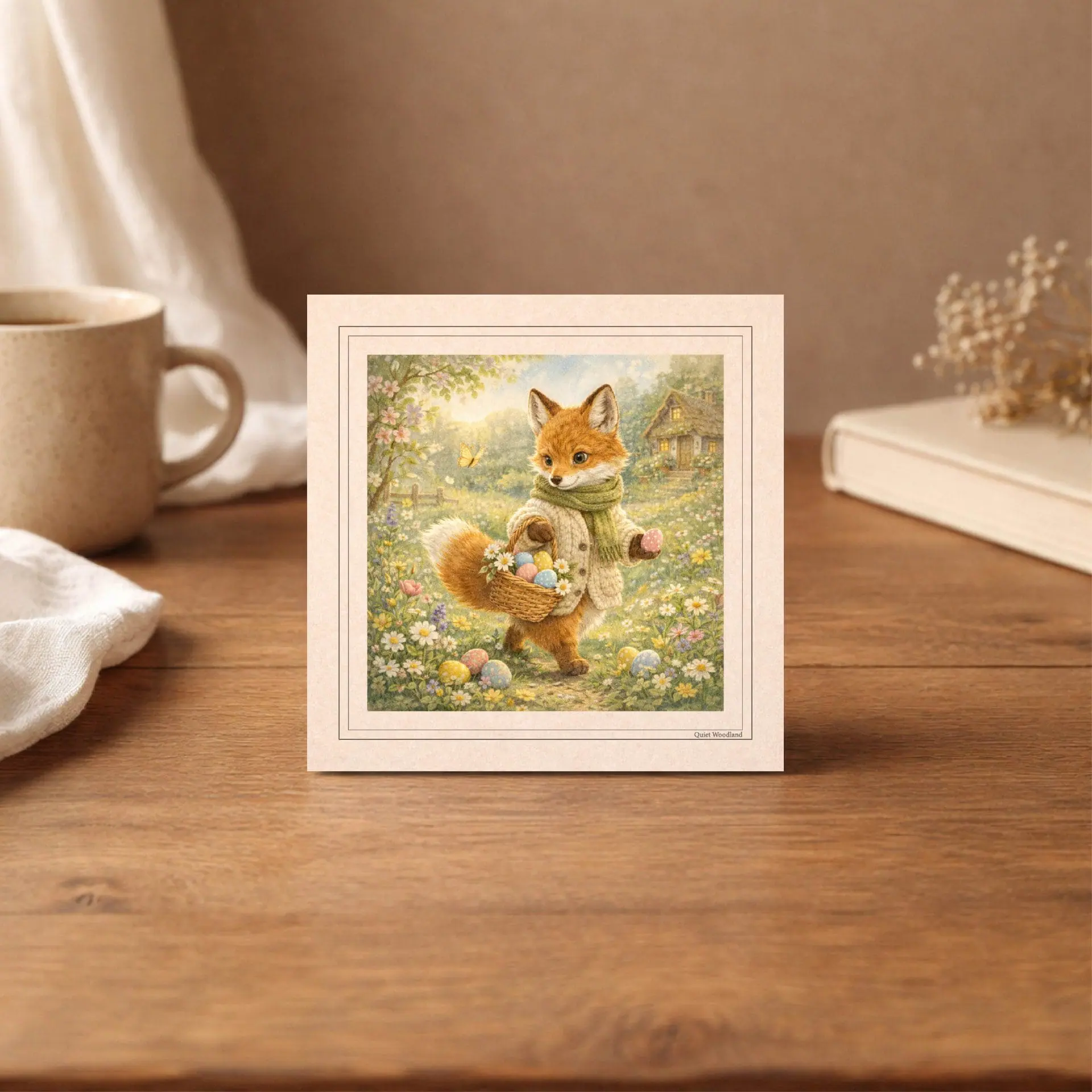 Woodland Easter Printable Wall Art Set and Postcards Bundle 4 Woodland Easter fox printable postcard cozy table mockup cottagecore decor