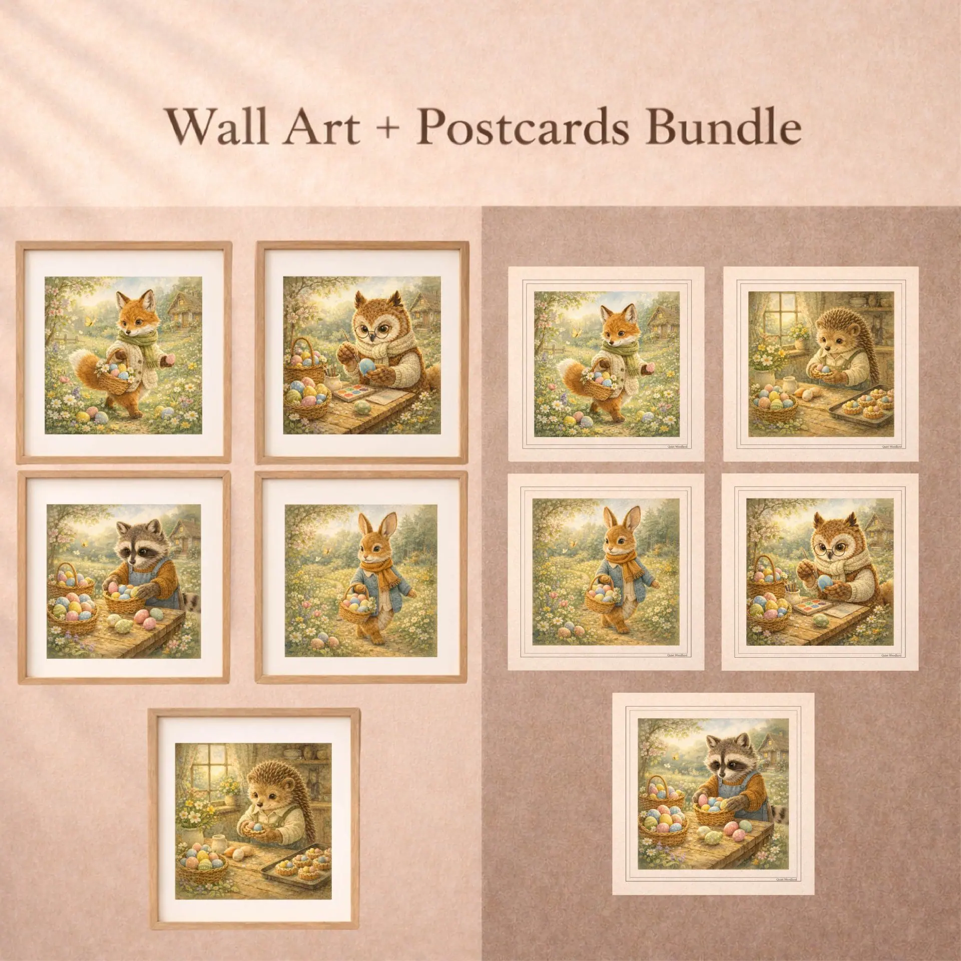 Woodland Easter Printable Wall Art Set and Postcards Bundle 1 Woodland Easter printable wall art and postcards bundle with fox bunny raccoon owl hedgehog cottagecore decor