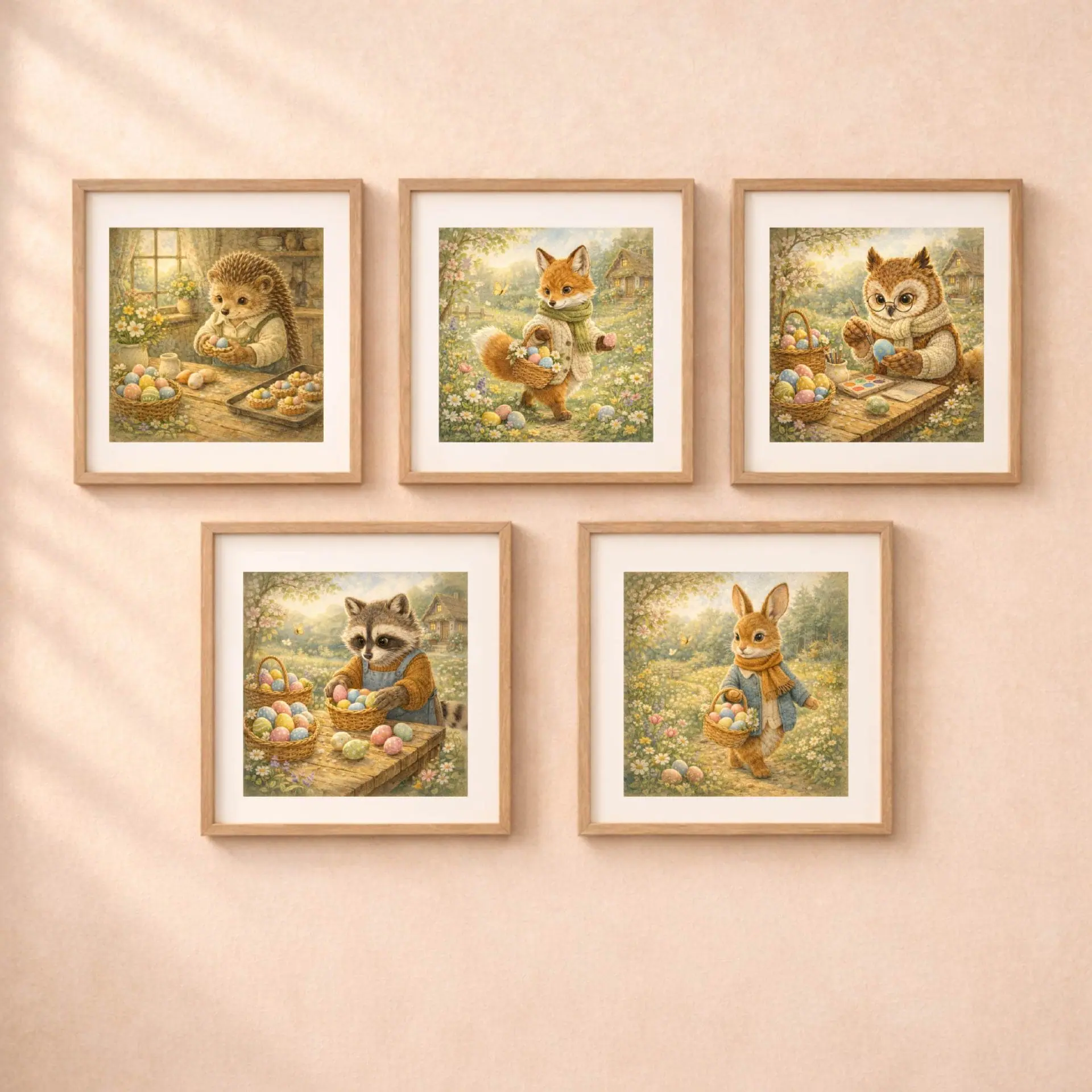 Woodland Easter Printable Wall Art Set and Postcards Bundle 2 Woodland Easter wall art printable set framed fox bunny raccoon owl hedgehog nursery decor