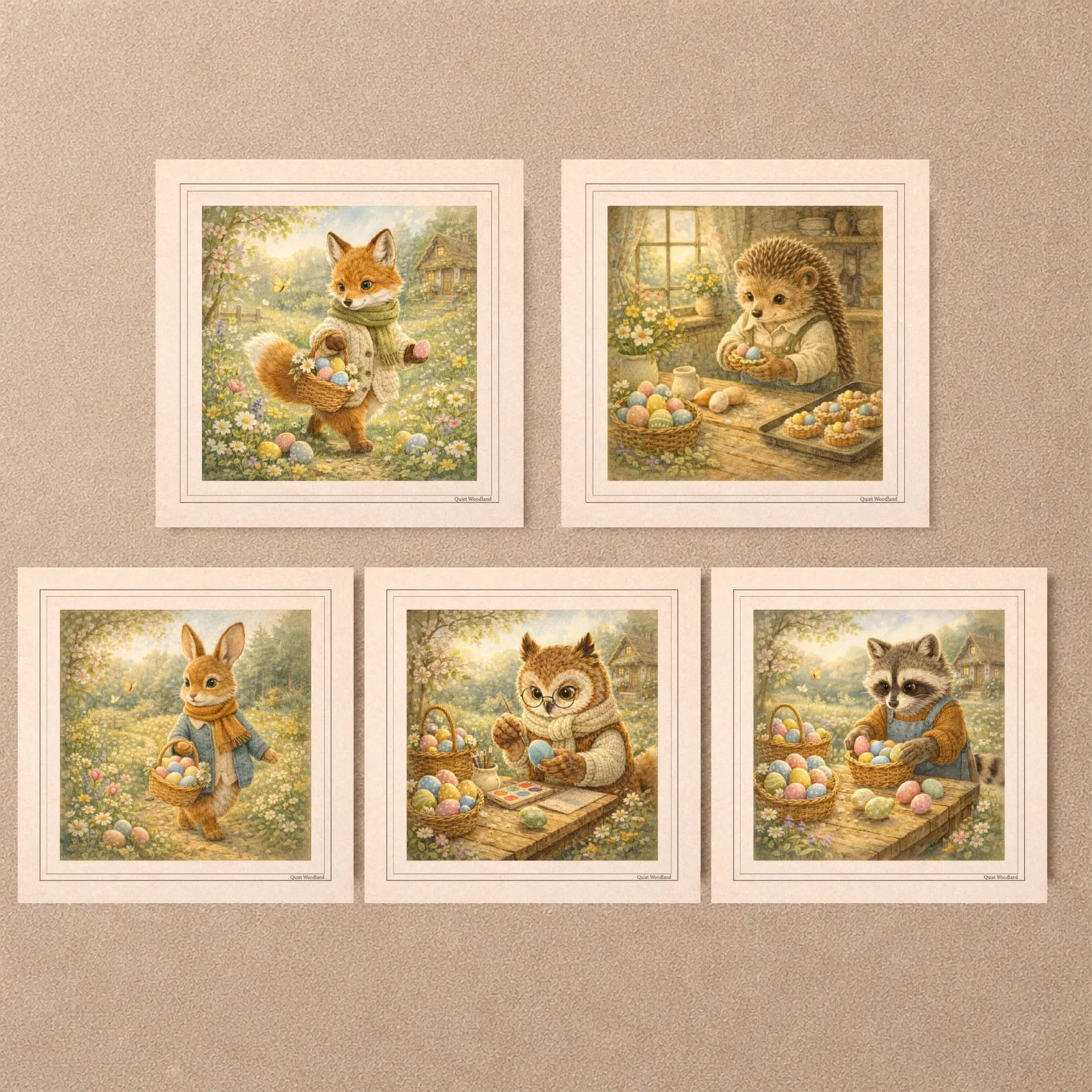 Woodland Easter Printable Wall Art Set and Postcards Bundle 3 Woodland Easter printable postcards wall art set fox bunny raccoon owl hedgehog cottagecore animal illustration