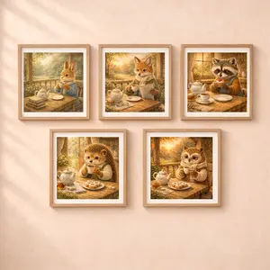 Woodland animal tea time printable wall art set fox raccoon rabbit hedgehog owl cottagecore decor