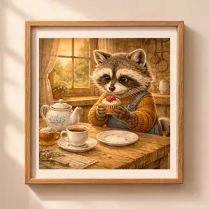 Raccoon Tea Time Printable Wall Art cozy kitchen scene with woodland animal drinking tea Quiet Woodland illustration