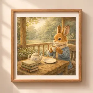 Bunny tea time printable wall art cozy nursery decor woodland rabbit illustration with teapot and books