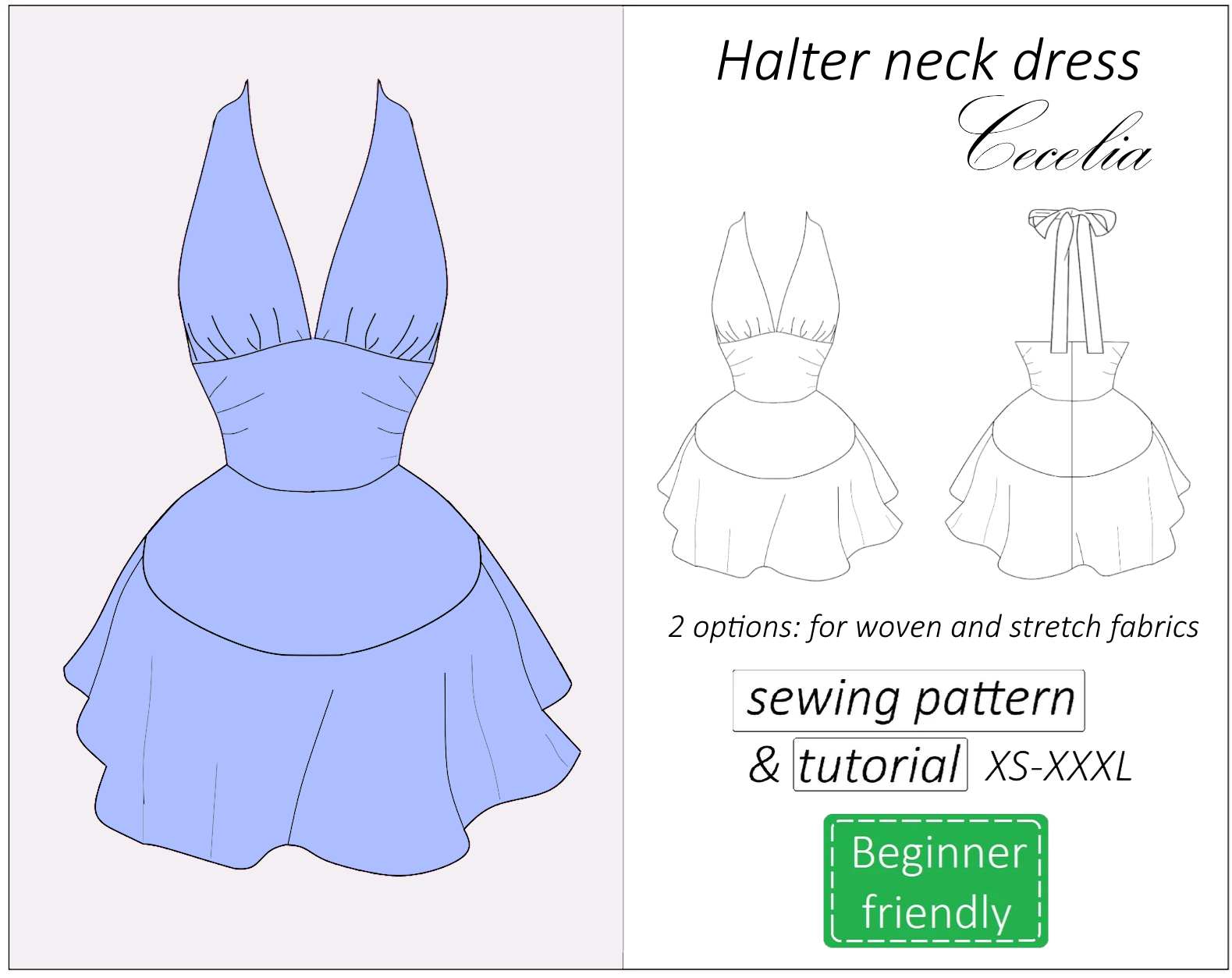 Halter neck dress sewing pattern PDF Cecelia detailed tutorial 1 mini halter neck dress with skirt ruffle Cecilia sewing pattern