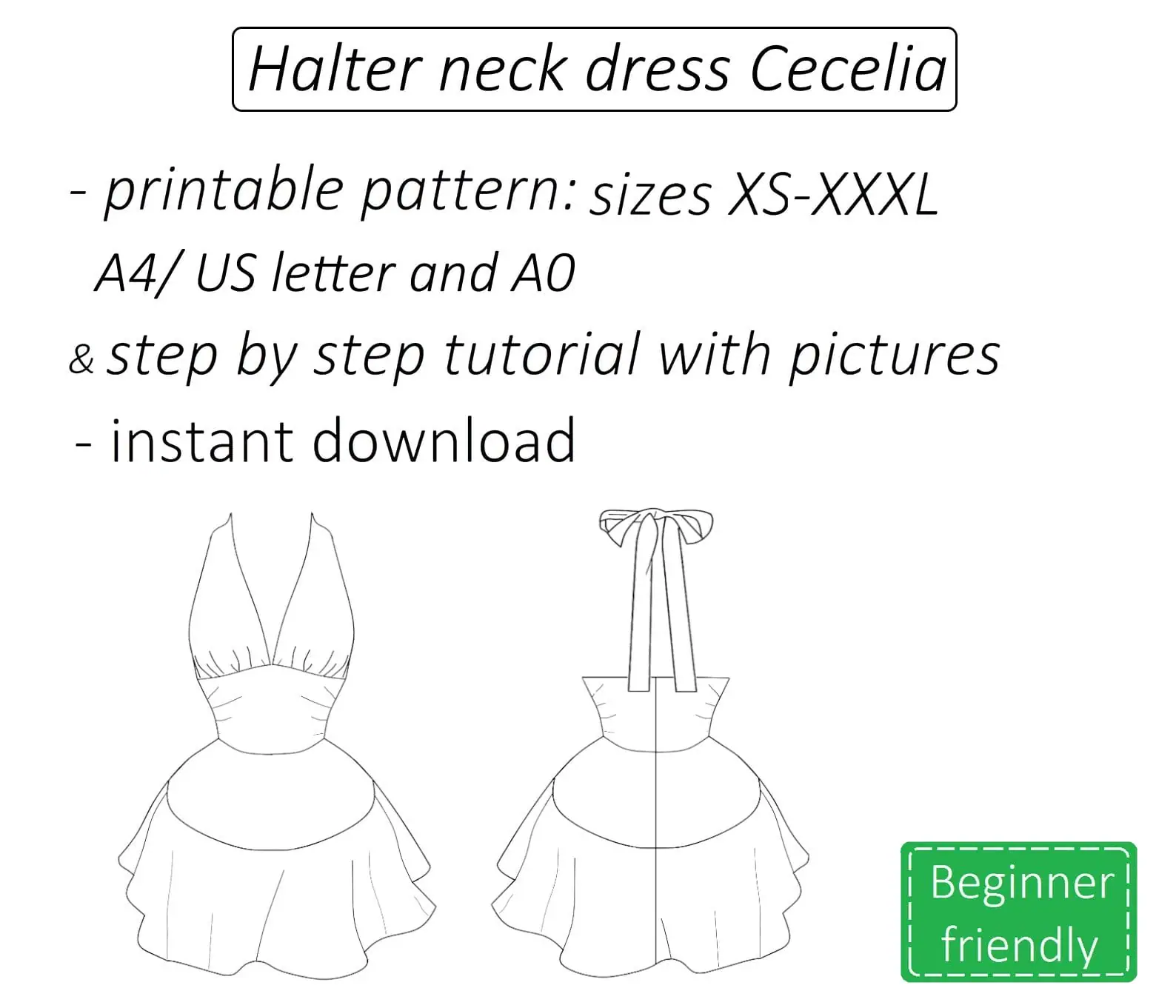 Halter neck dress sewing pattern PDF Cecelia detailed tutorial 2 halter neck dress sewing pattern A4 US letter A0