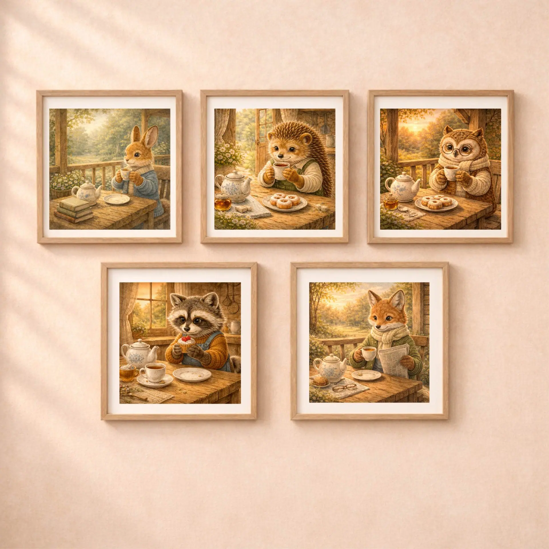 Hedgehog Tea Time Printable Wall Art Cozy Nursery Decor 6 Woodland tea time printable wall art set fox raccoon bunny hedgehog owl cottagecore nursery decor