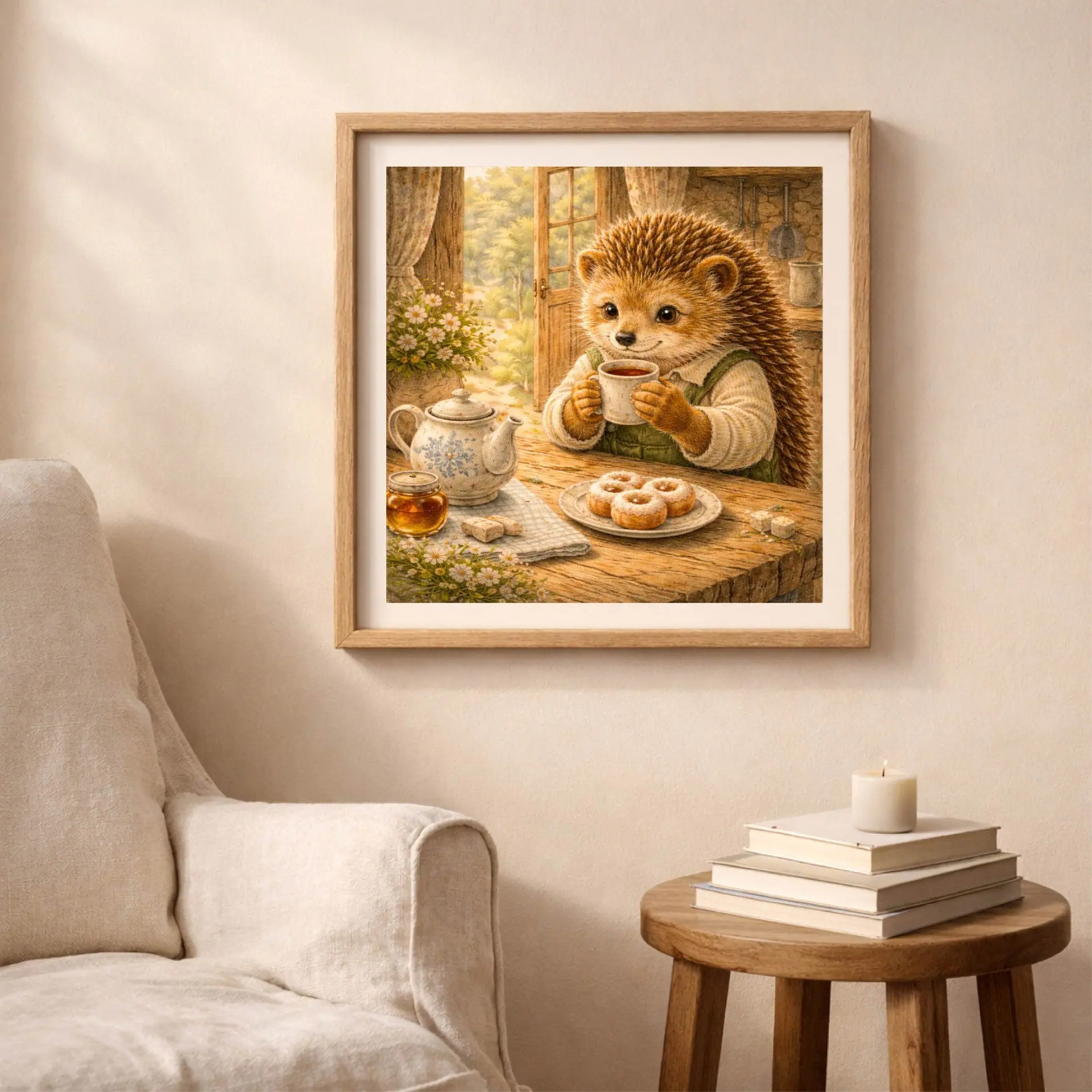 Hedgehog Tea Time Printable Wall Art Cozy Nursery Decor 3 Cottagecore hedgehog tea time wall art above chair and wooden table cozy living room decor