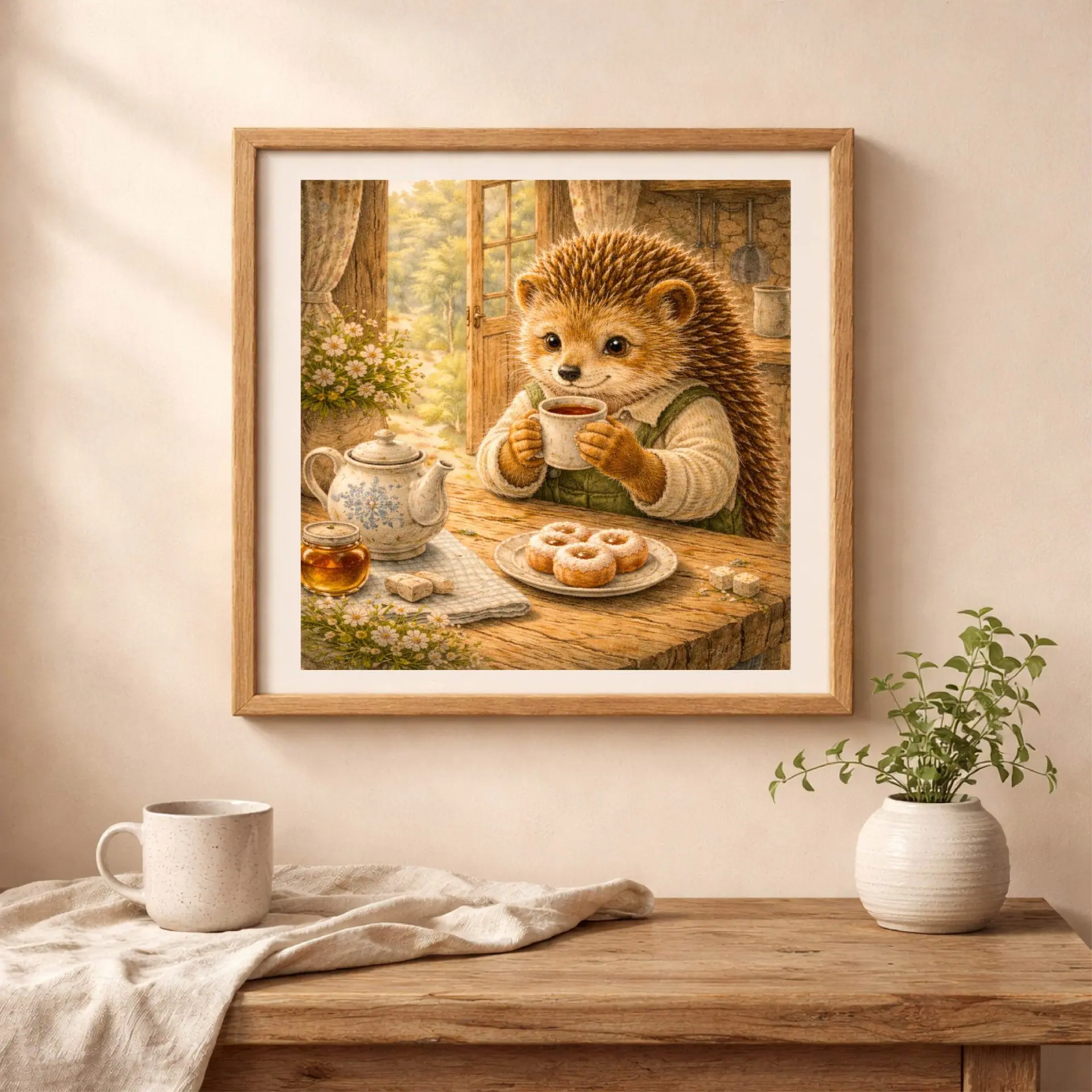 Hedgehog Tea Time Printable Wall Art Cozy Nursery Decor 2 Hedgehog tea time printable wall art displayed in neutral nursery interior wooden frame cozy home decor
