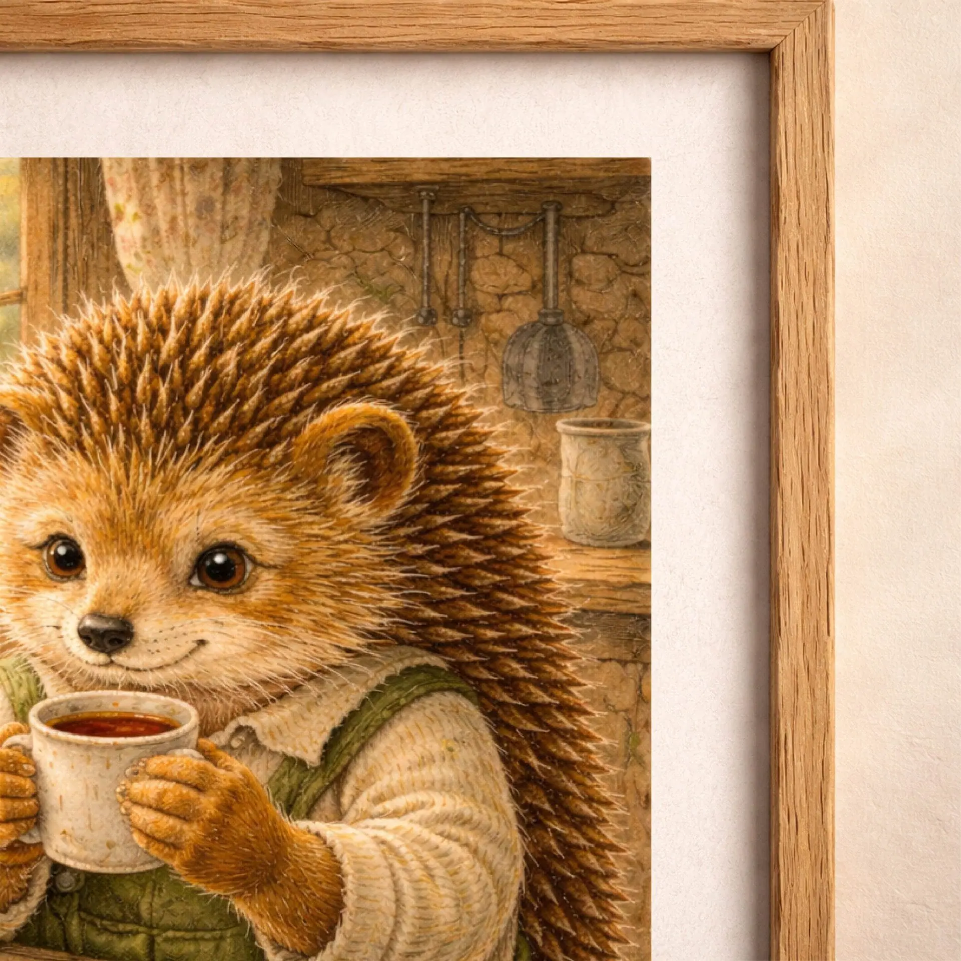 Hedgehog Tea Time Printable Wall Art Cozy Nursery Decor 4 Close-up hedgehog tea time illustration showing soft textures warm tones and detailed cottagecore artwork