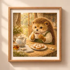 Hedgehog tea time printable wall art cozy cottagecore illustration with hedgehog drinking tea at wooden table Quiet Woodland nursery decor