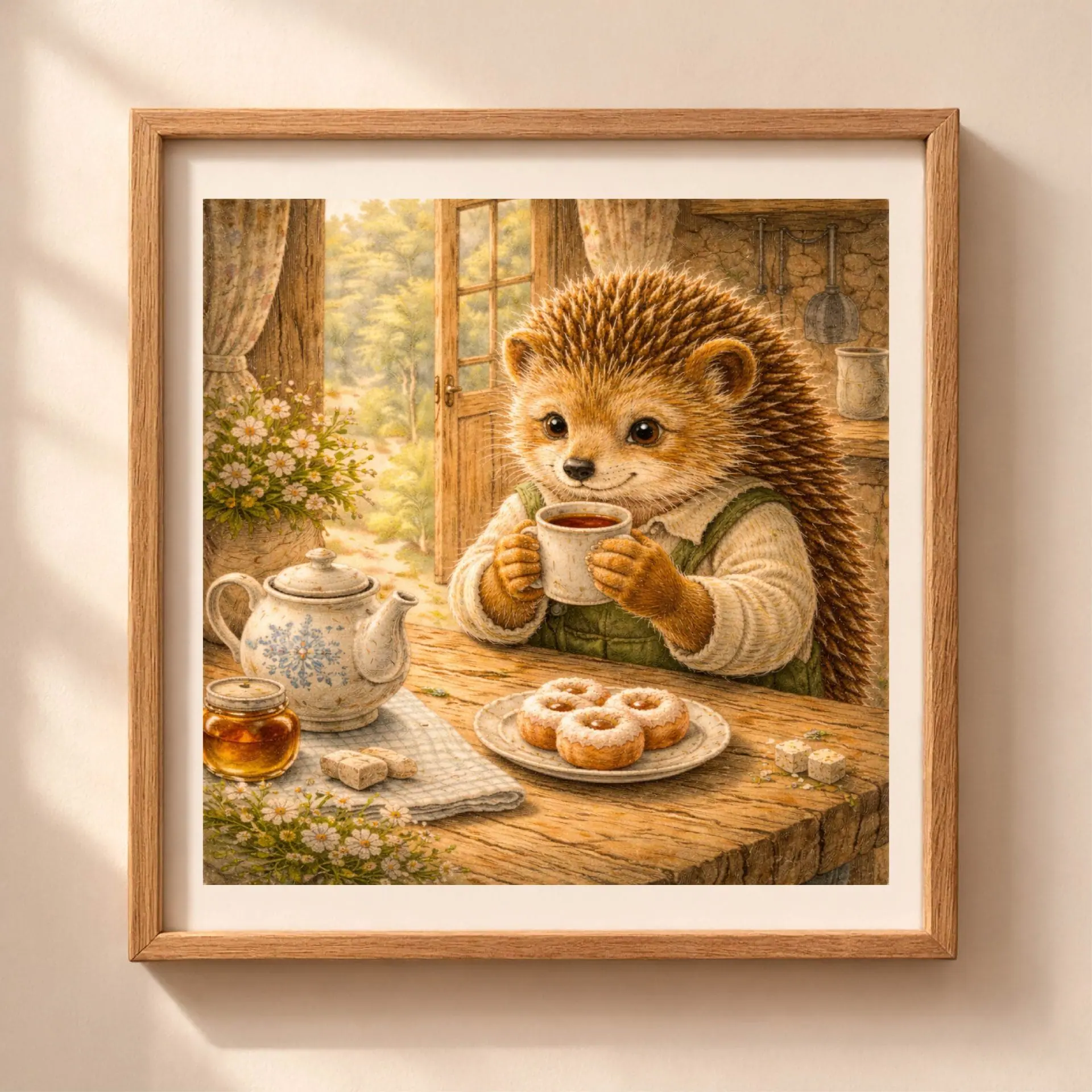 Hedgehog Tea Time Printable Wall Art Cozy Nursery Decor 1 Hedgehog tea time printable wall art cozy cottagecore illustration with hedgehog drinking tea at wooden table Quiet Woodland nursery decor