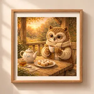Owl tea time printable wall art cozy cottagecore nursery decor woodland illustration Quiet Woodland