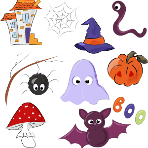 Adorable Halloween clipart set featuring a cute ghost, bat, pumpk