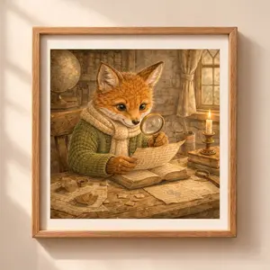 Fox archaeologist printable wall art, woodland animal studying ancient manuscript with magnifying glass, cottagecore decor