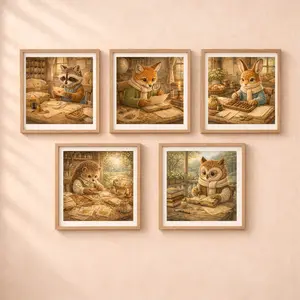 woodland animal professions wall art set fox archaeologist bunny baker raccoon postman owl librarian hedgehog gardener