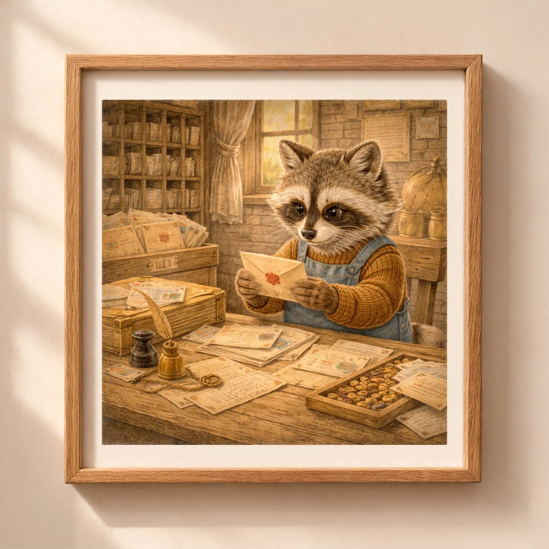 Raccoon Postman Printable Wall Art Nursery Cottagecore 1 Raccoon postman printable wall art woodland nursery cottagecore illustration with letters