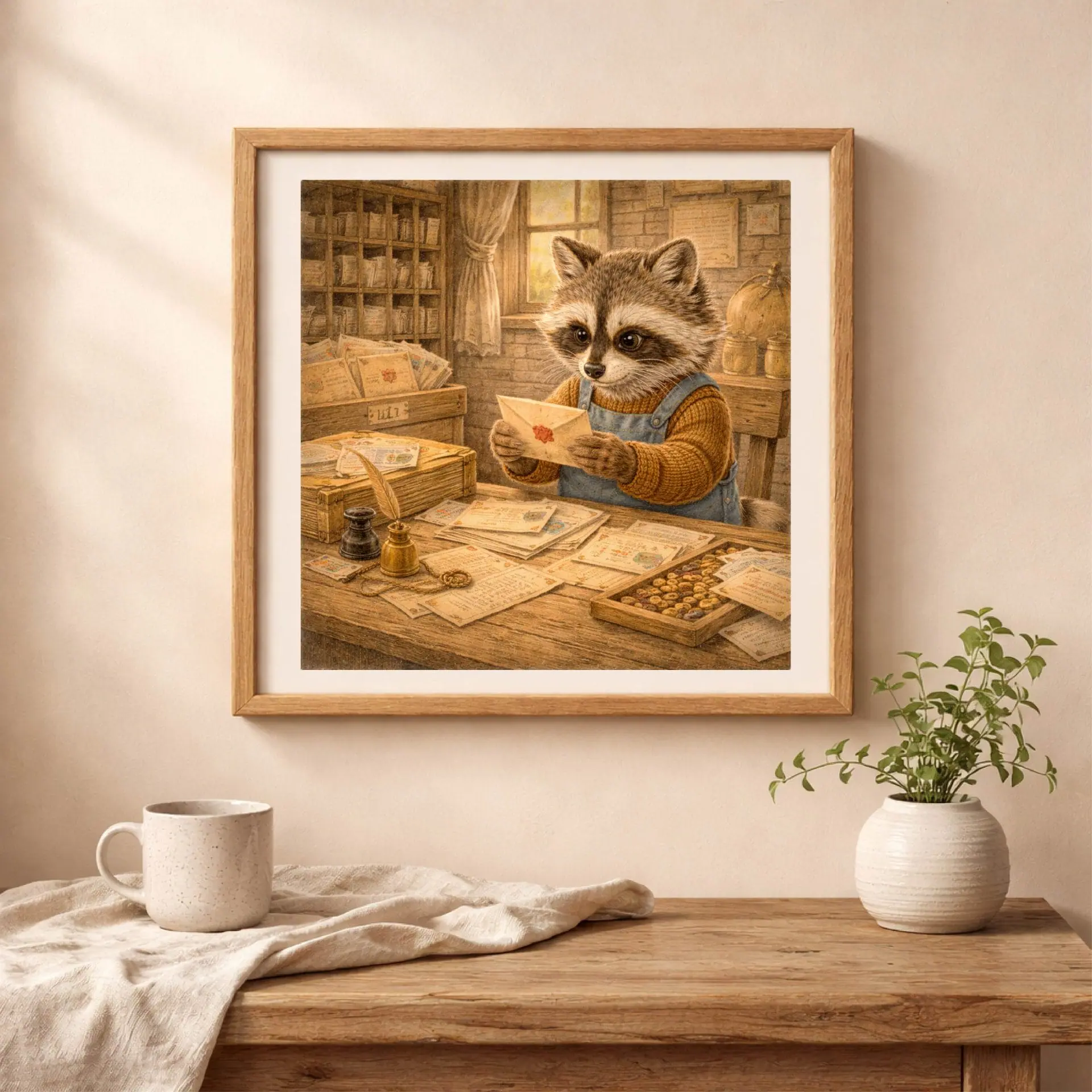 Raccoon Postman Printable Wall Art Nursery Cottagecore 2 Raccoon postman wall art in cozy nursery interior cottagecore woodland decor