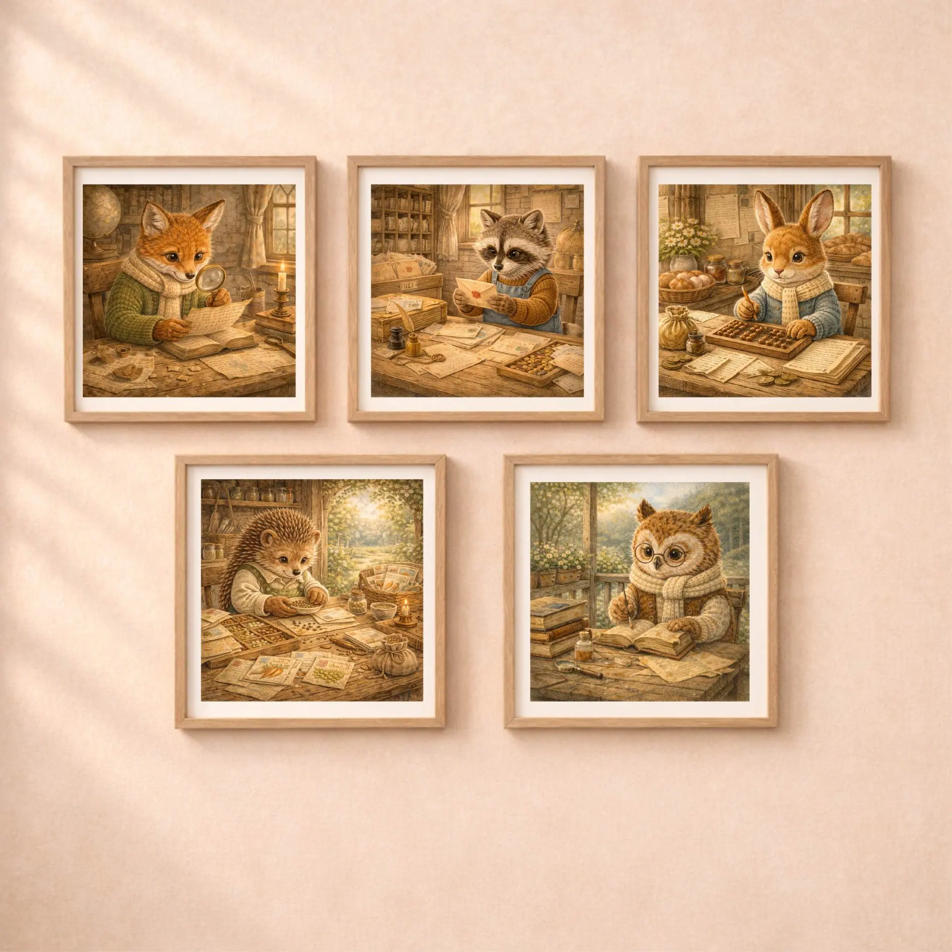 Raccoon Postman Printable Wall Art Nursery Cottagecore 6 Woodland animal professions wall art set fox raccoon bunny hedgehog owl