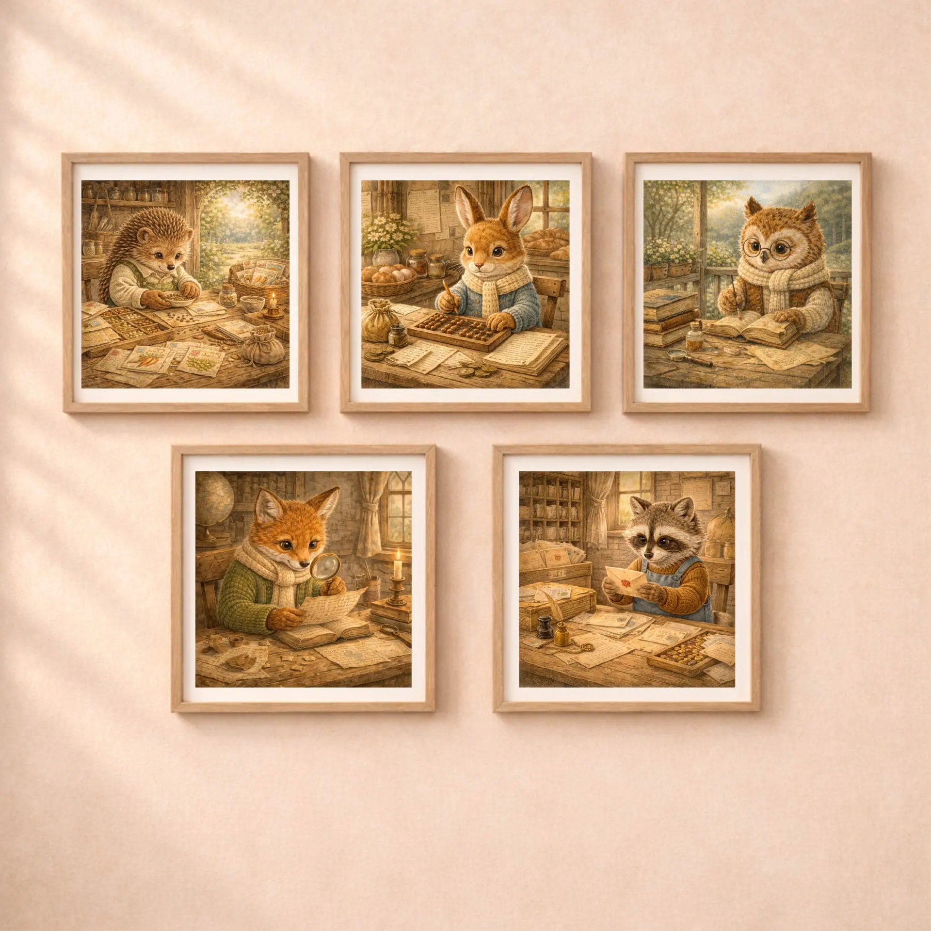 Bunny Baker Printable Wall Art Cottagecore Nursery Decor 6 woodland animal printable wall art set bunny baker fox archaeologist owl hedgehog raccoon