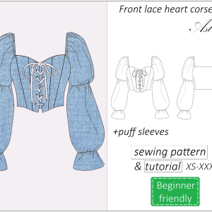 front lace heart corset top with long puff sleeves sewing pattern