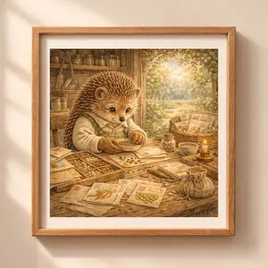 Hedgehog gardener printable wall art cozy cottagecore nursery decor woodland animal illustration Quiet Woodland