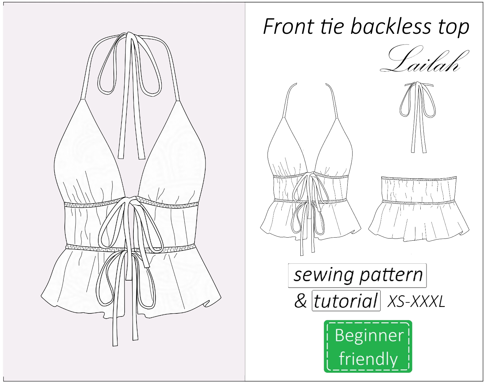 Front tie top sewing pattern PDF Lailah + detailed tutorial 1 front tie backless top sewing pattern