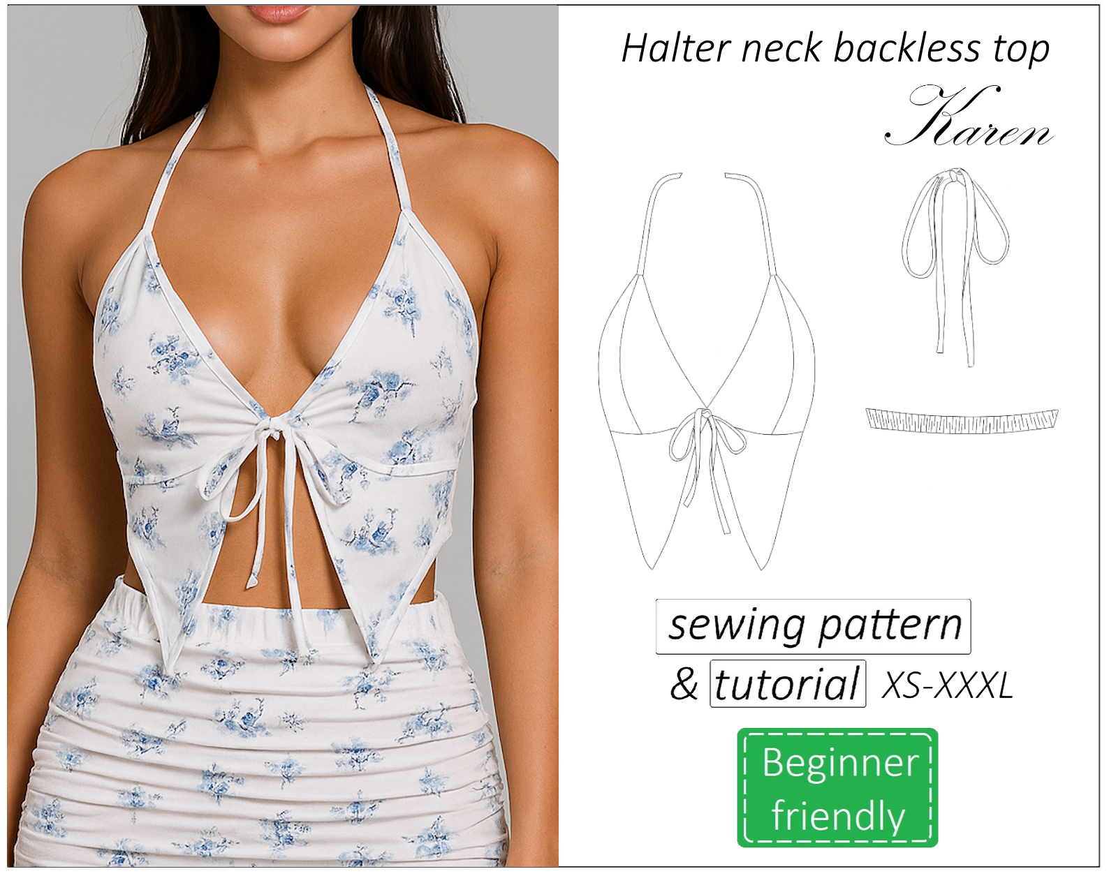 Hakter neck top sewing pattern PDF Karen + detailed tutorial 1 halter neck backless top sewing pattern
